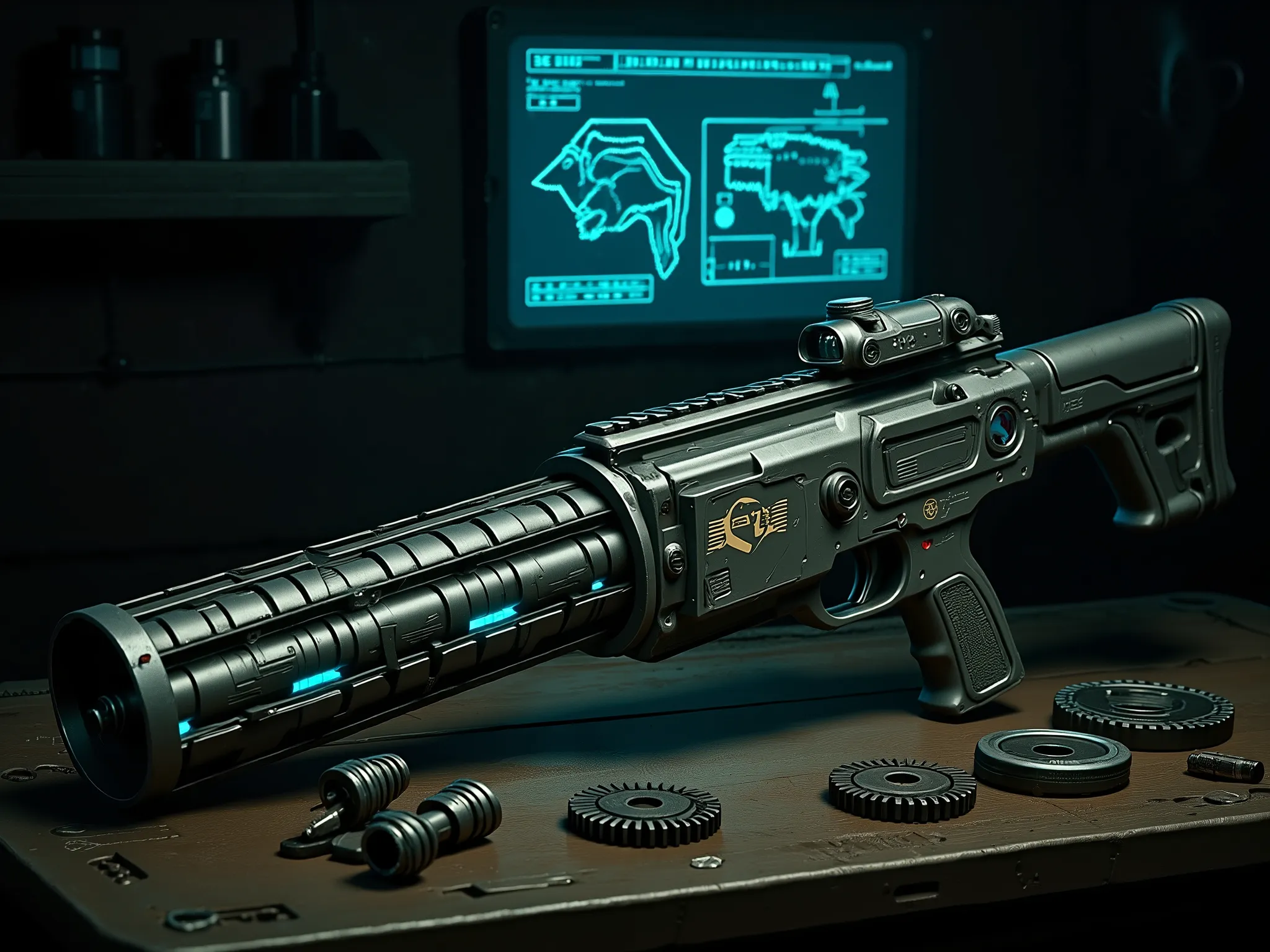A long hard sci-fi mass driver sniper gun resting on a rugged industrial workbench. It features a reinforced squared barrel with multi-segmented electromagnetic coils, wrapped in micro-grooved graphene heat fins, faint blue glow tracing the coil lines. Com...
