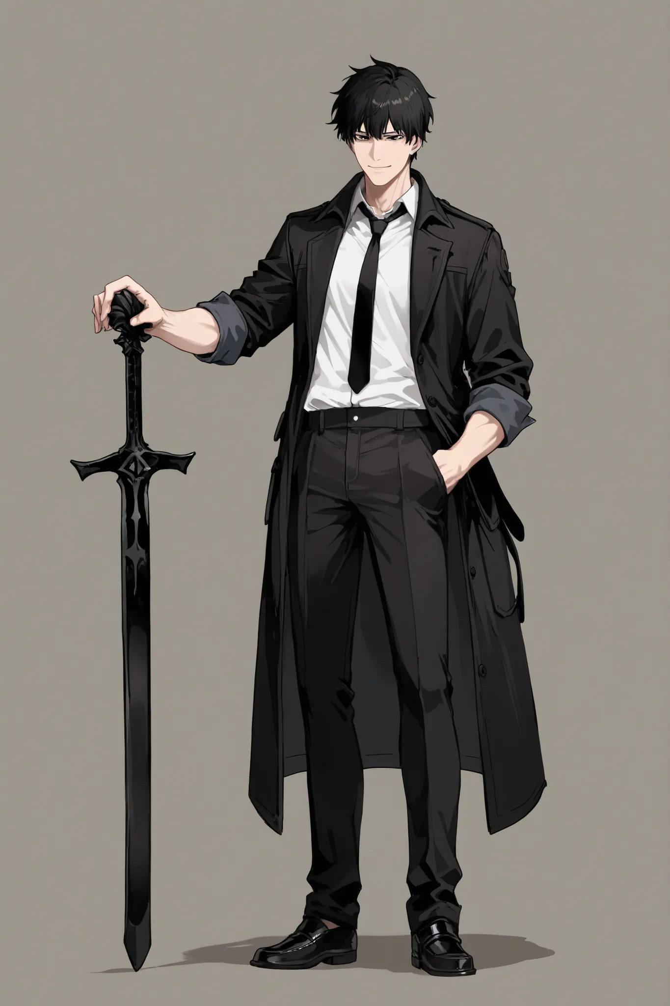 1 Man, handsome, front, full body, standing, black hair, sharp eyes, black eyes, faint smile, wearing a dress shirt (with sleeves rolled up), black tie, black coat (open in front), black pants, black loafers, left hand in coat pocket, right hand holding bl...