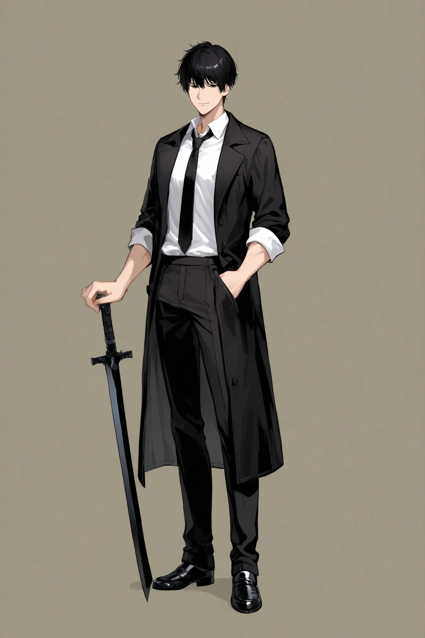 1 Man, handsome, front, full body, standing, black hair, black eyes, faint smile, wearing a dress shirt (with sleeves rolled up), black tie, black coat (open in front), black pants, black loafers, left hand in coat pocket, right hand holding black sword, N...