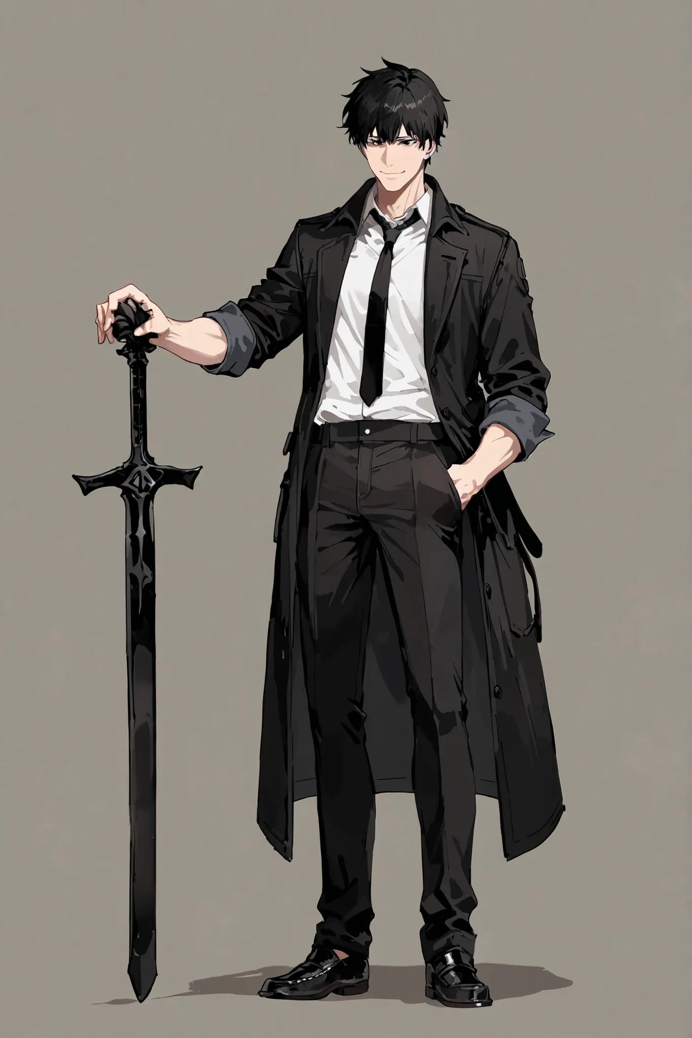 1 Man, handsome, front, full body, standing, black hair, sharp eyes, black eyes, faint smile, wearing a dress shirt (with sleeves rolled up), black tie, black coat (open in front), black pants, black loafers, left hand in coat pocket, right hand holding bl...