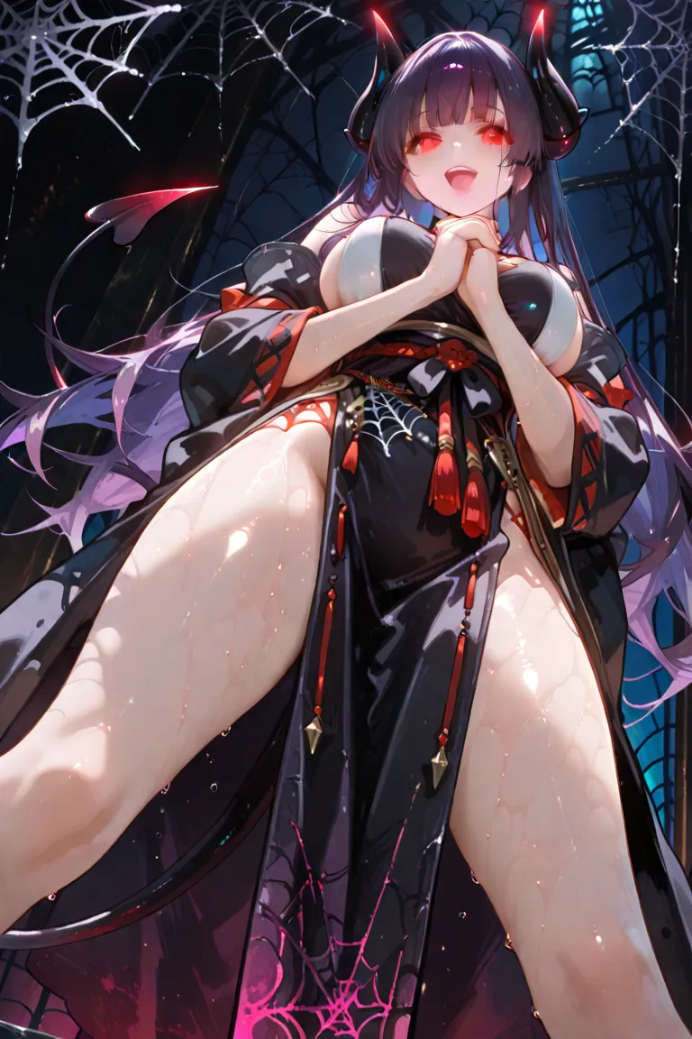 arm0rpunkv4, (masterpiece, best quality:1.1), source Anime, score_9, score_8_up, score_7_up, 
Dutch angle, from below, 
1 girl, pink lip, detailed face and eyes, sweat, wide oval eyes, red eyes, long dark purple hair, glowing eyes,
devil girl, devil horns, devil tail, monastic clothes, own hands clasped, <:D, looking at viewer, Push out your hips, legs apart, best face,
spider web background, dark background,