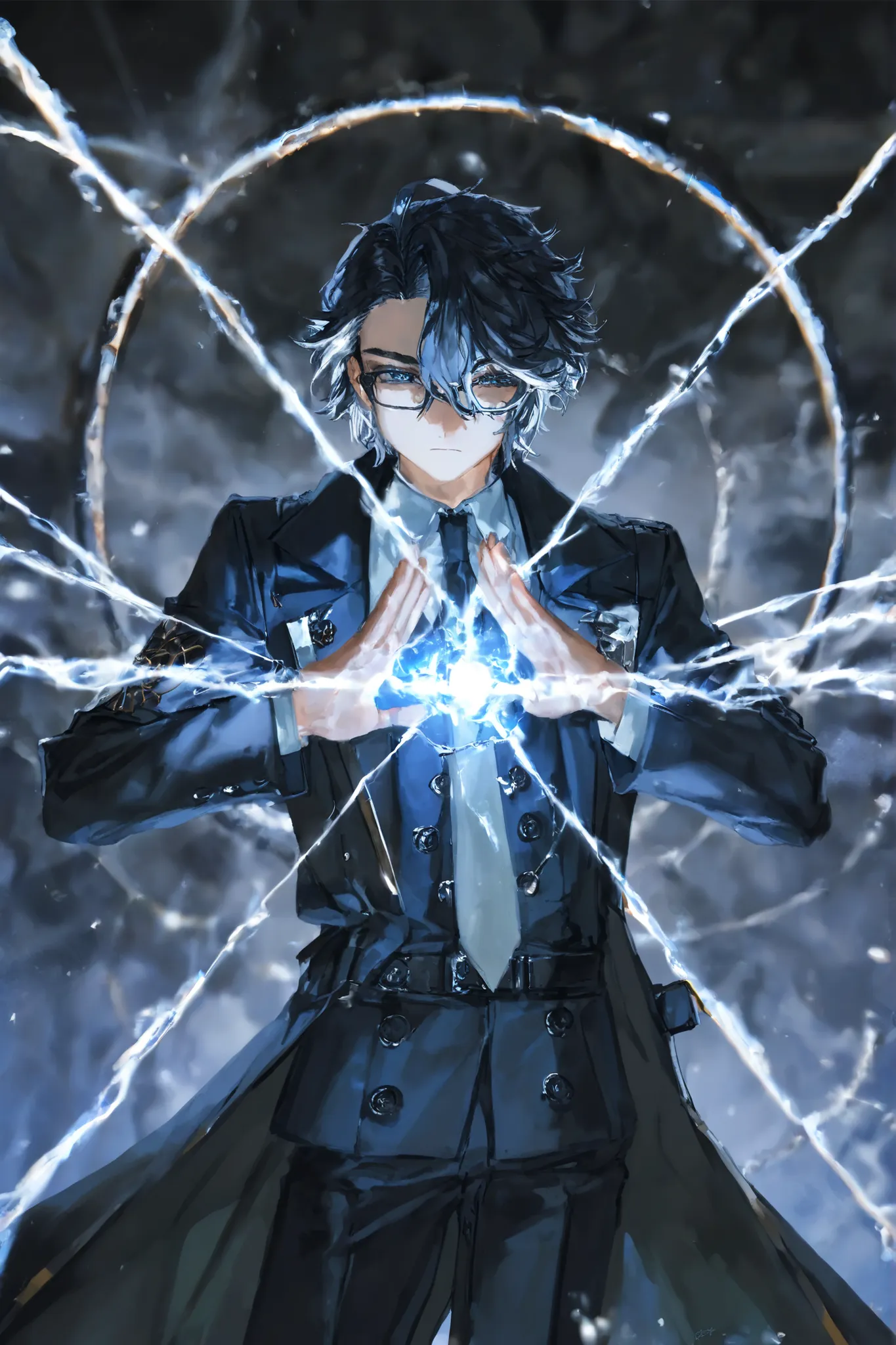 male, man, 1boy, solo, mahito,quasarcake,tsukko (3ki2ne10), Tadashi has neat black hair with subtle silver streaks that run through it like threads, a hereditary trait of his family line, and intelligent dark blue eyes behind wire rimmed glasses. He's tall...