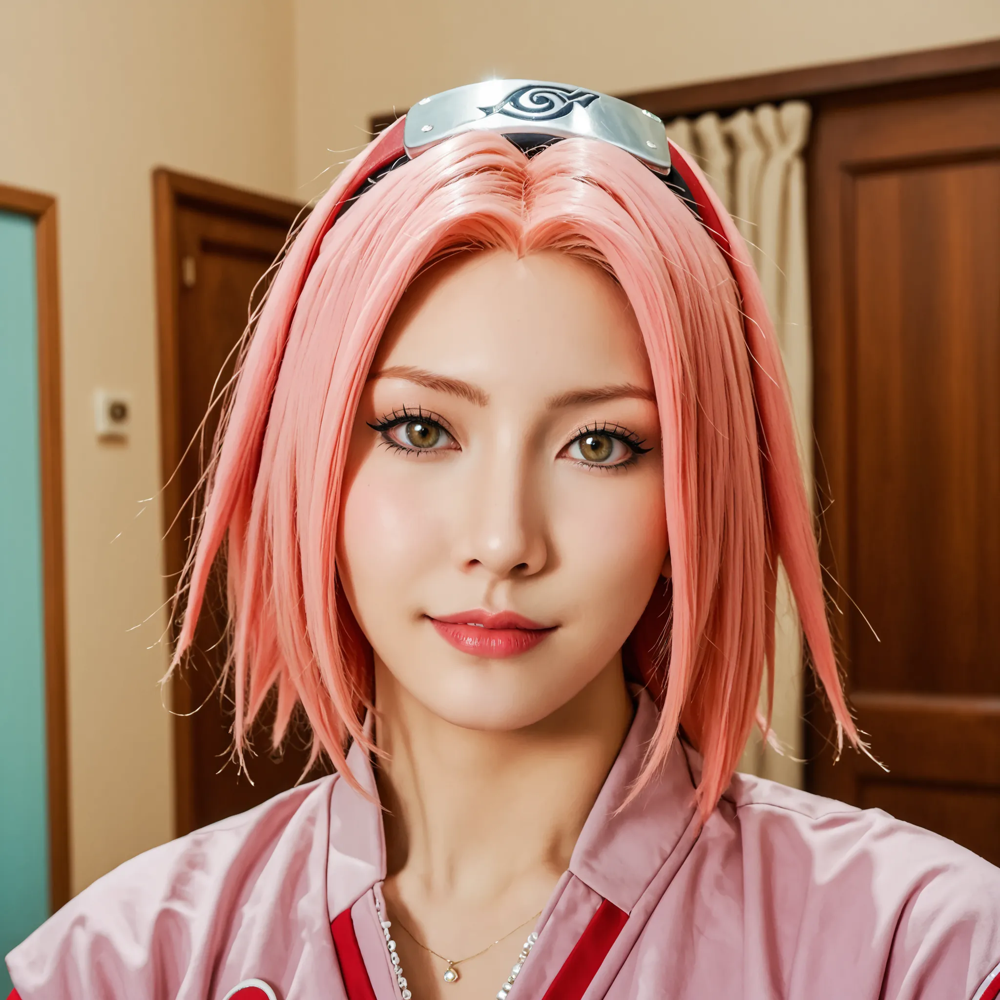 Mulher cosplayer, 18 anos, cosplayer de Haruno Sakura - Naruto , seu grande seio nu, sem roupas, nu completo, seios pequenos , ,pele real,textura da pele,detailed facial features, sardas,Ance,  adult content 