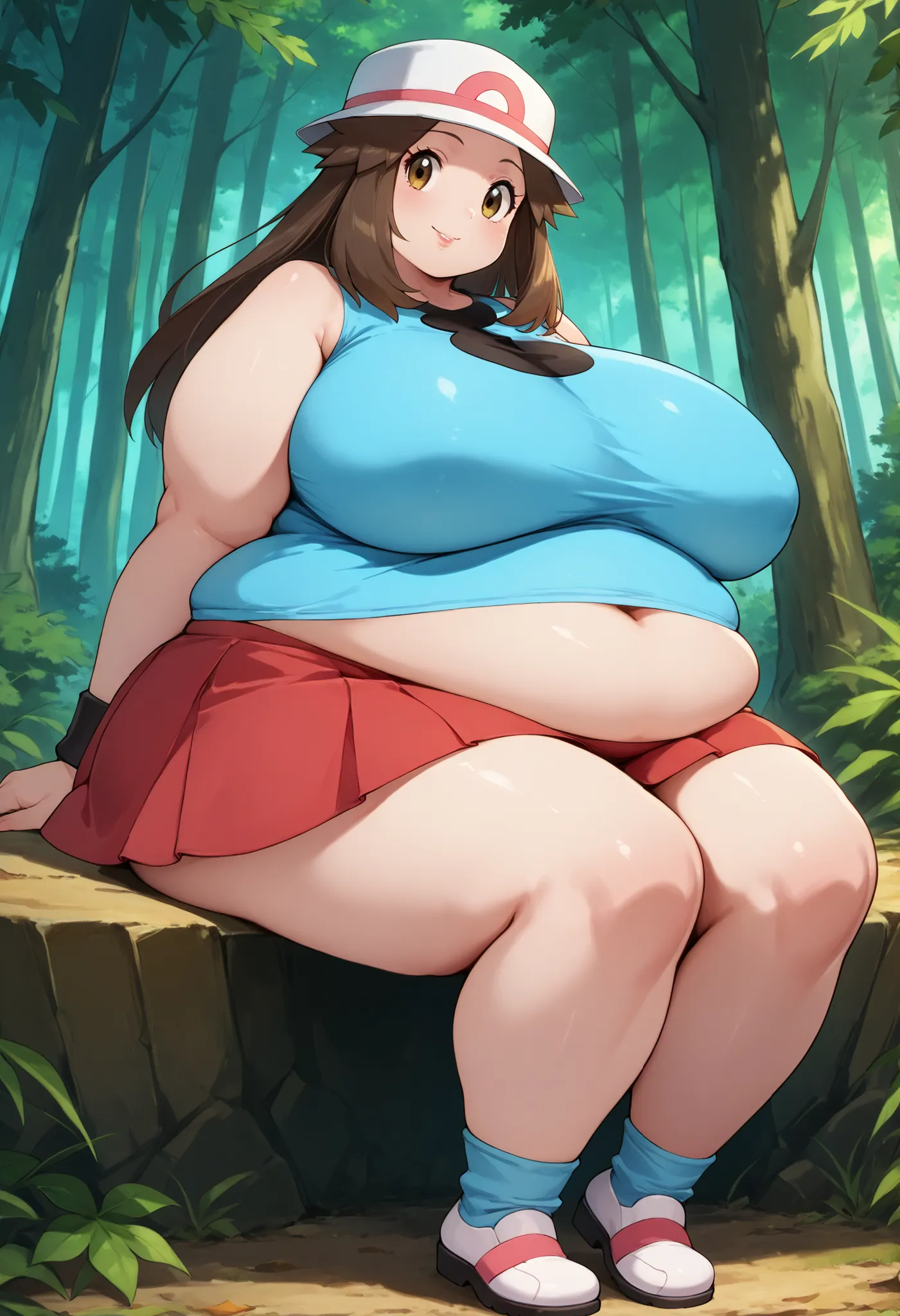 zzleaf, leaf (pokemon) brown eyes,  brown hair, long hair,  long hair, hat, blue shirt, sleeveless, wristband, red skirt, blue socks, white footwear, sitting, side view, forest, 
,curvy, smile, looking at viewer, pretty background, giant hands, giant feet,...