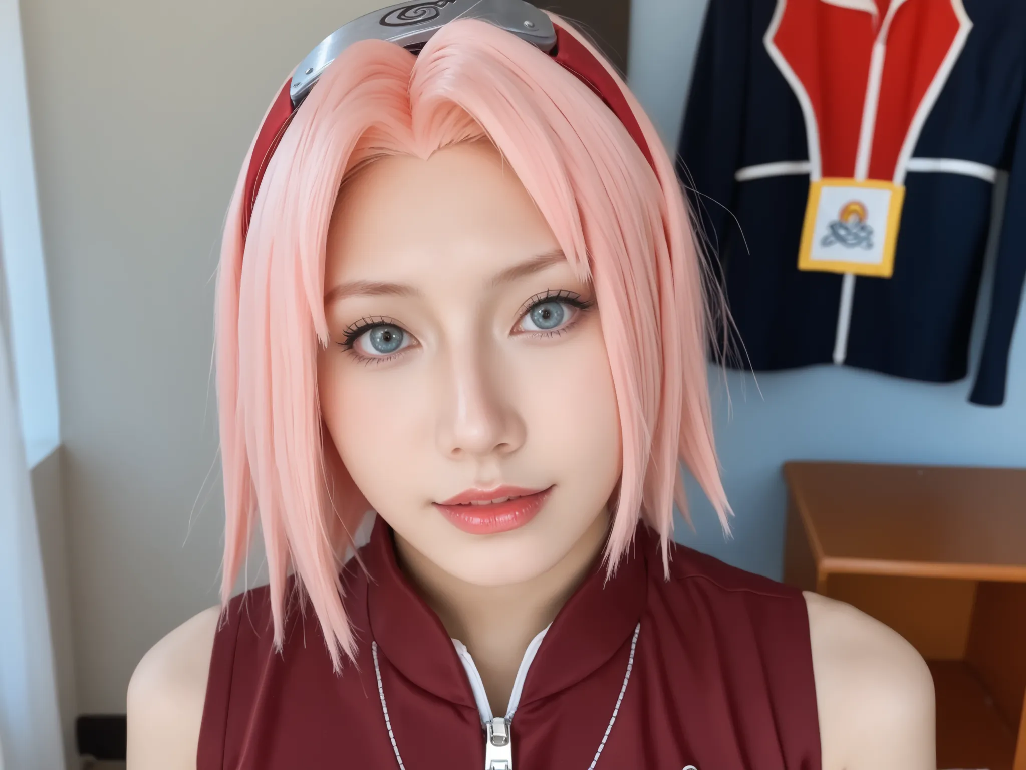 Mulher cosplayer, 18 anos, cosplayer de Haruno Sakura - Naruto , seu grande seio nu, sem roupas, nu completo, seios pequenos , ,pele real,textura da pele,detailed facial features, sardas,Ance,  adult content , she is in a hotel room