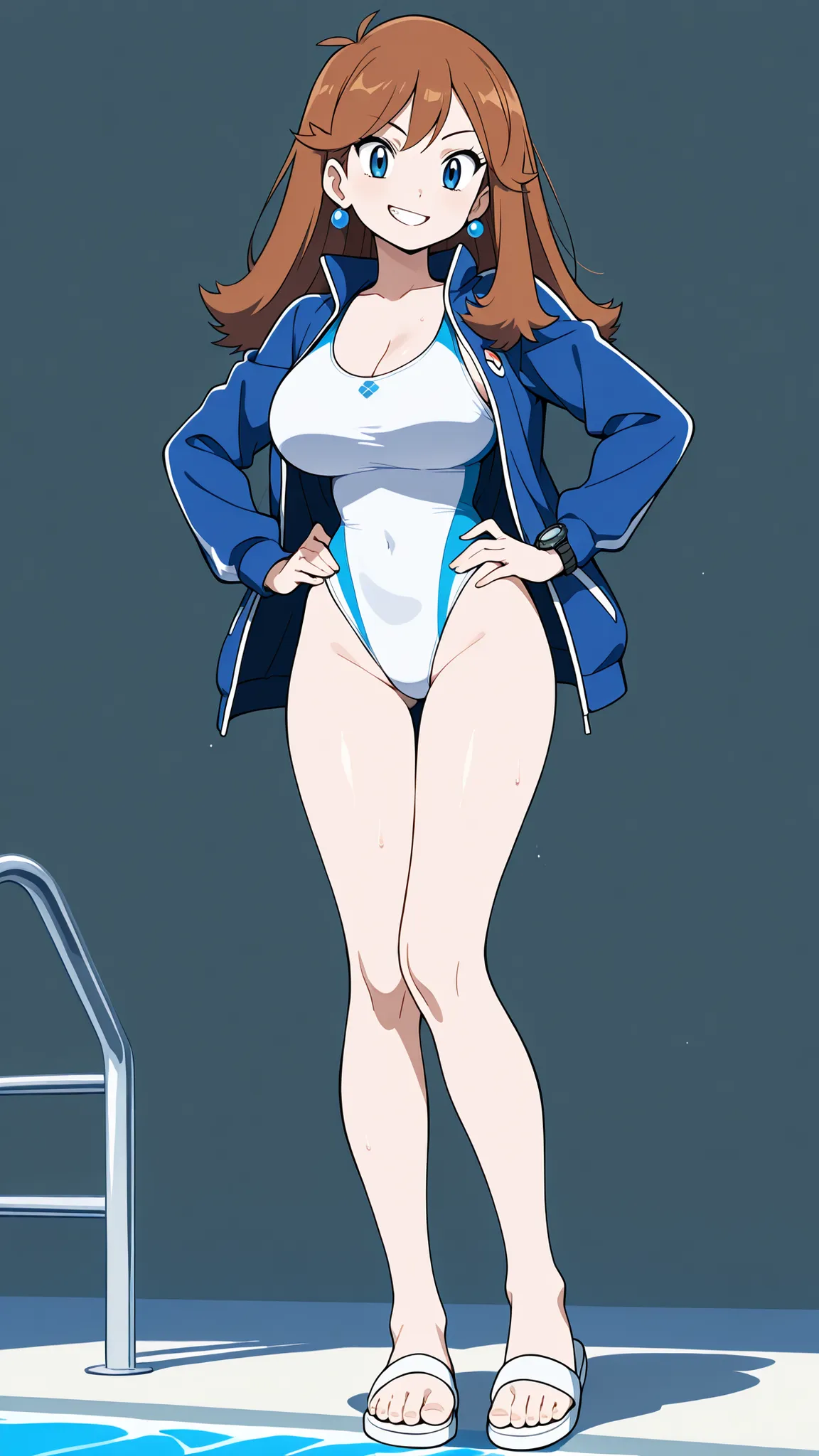 adult older sister, Tall, big boobs, Cleavage, slim sexy body that can be licked by mobs, left hand on hips, white competitive swimsuit, blue long sleeve long jacket, White Sandals, Barefoot, Beautiful legs, Beautiful legs, thighs, groin, Three idiot hairs...