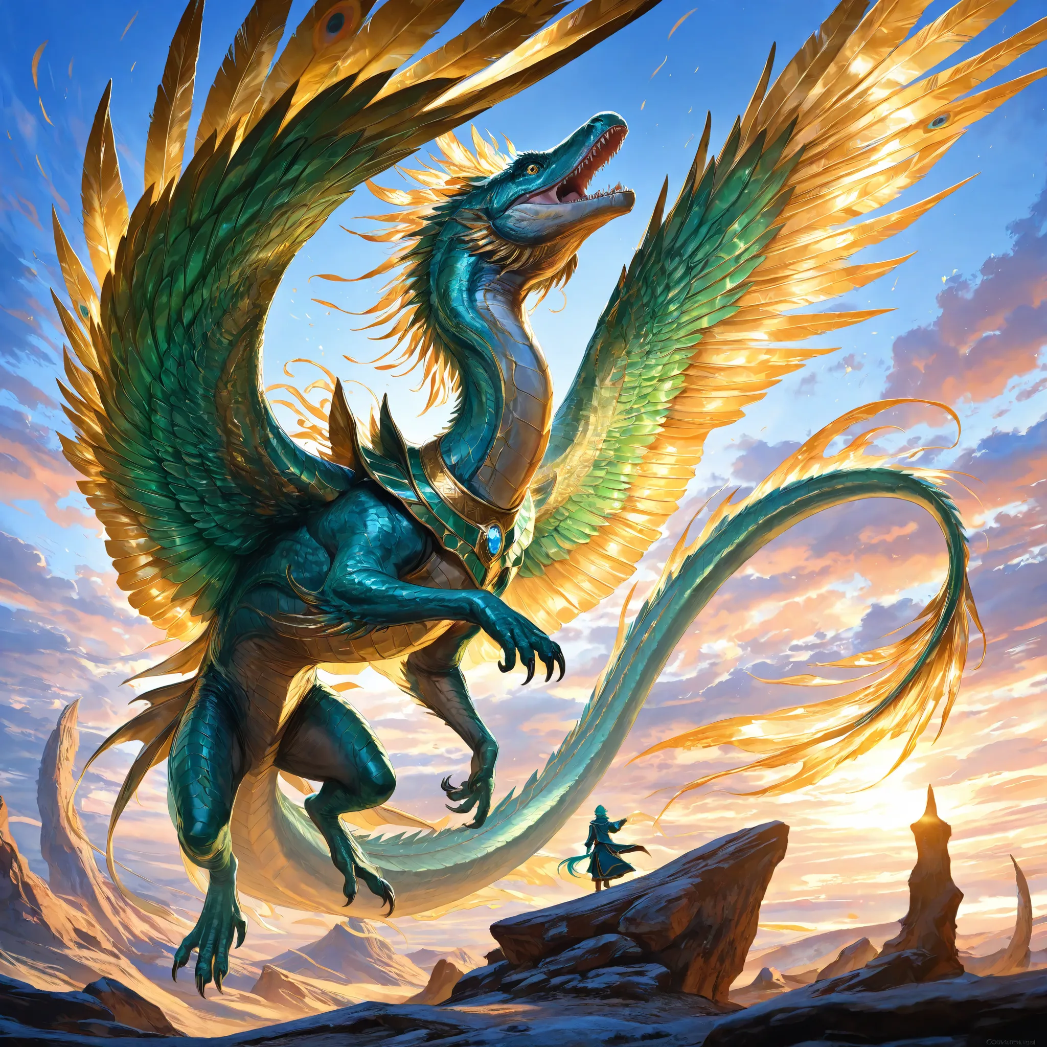 Ancient feathered serpent creature with dinosaur-inspired features, emerald-green scaled body, wide aerodynamic tail fin, majestic collar of large, vibrant feathers (red, cobalt blue, gold), massive wings blending tribal-colored plumage with primitive memb...