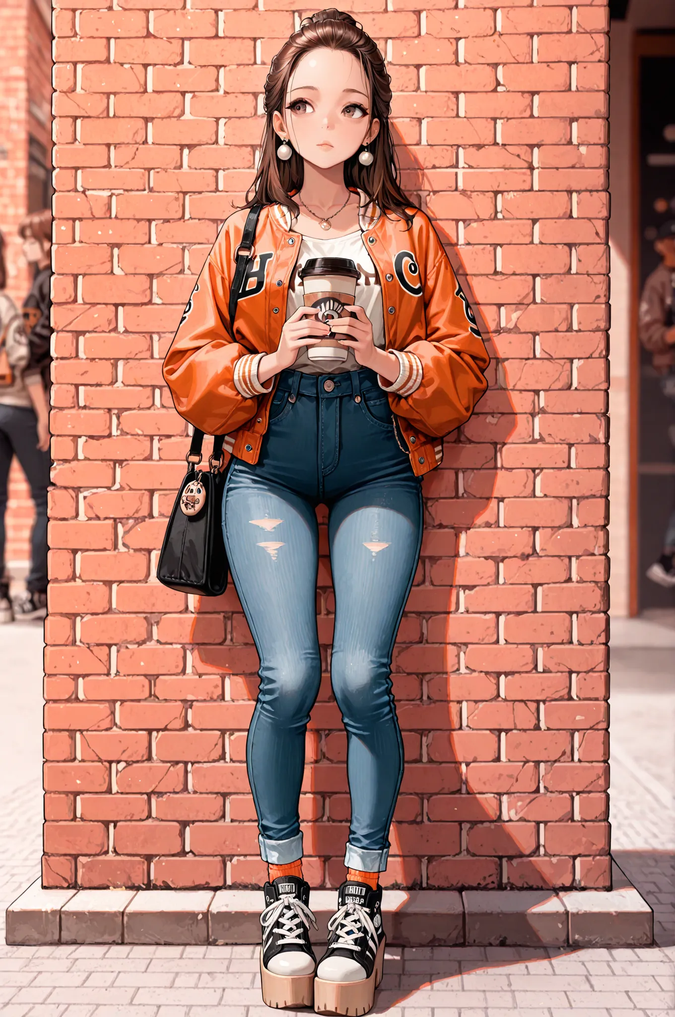masterpiece,best quality,absurdres,depth of field,cute 1girl,earrings,necklace,brown eyes,brown hair,half updo,forehead,perfect body,Baseball jacket,hipster jeans,
socks,platform sneakers,put a hobo bag on her shoulder,holding to-go coffee cup.,stand again...