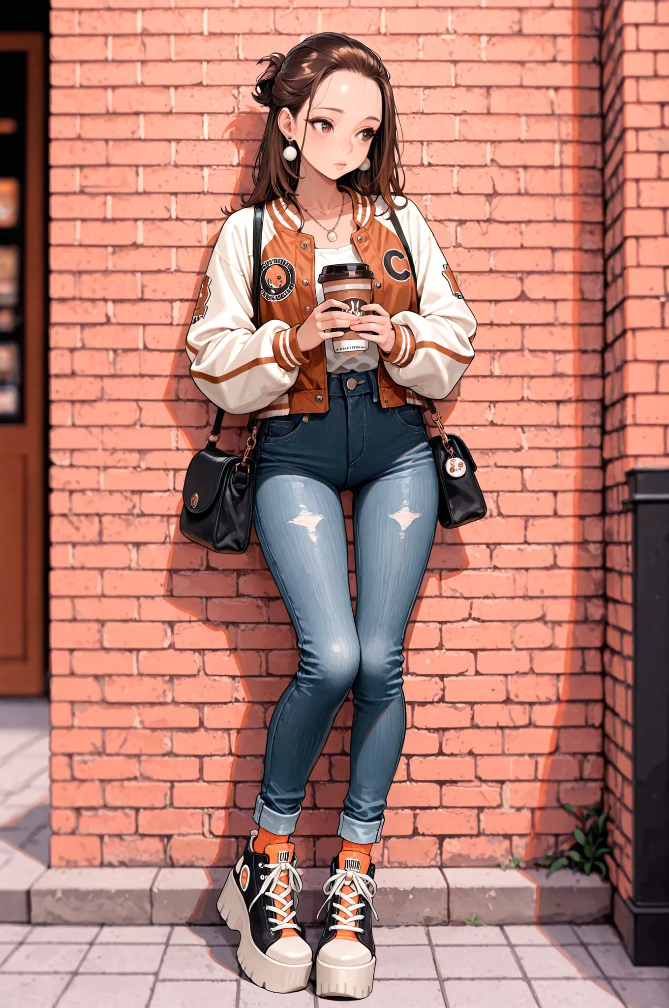 masterpiece,best quality,absurdres,depth of field,cute 1girl,earrings,necklace,brown eyes,brown hair,half updo,forehead,perfect body,Baseball jacket,hipster jeans,
socks,platform sneakers,put a hobo bag on her shoulder,holding to-go coffee cup.,stand again...