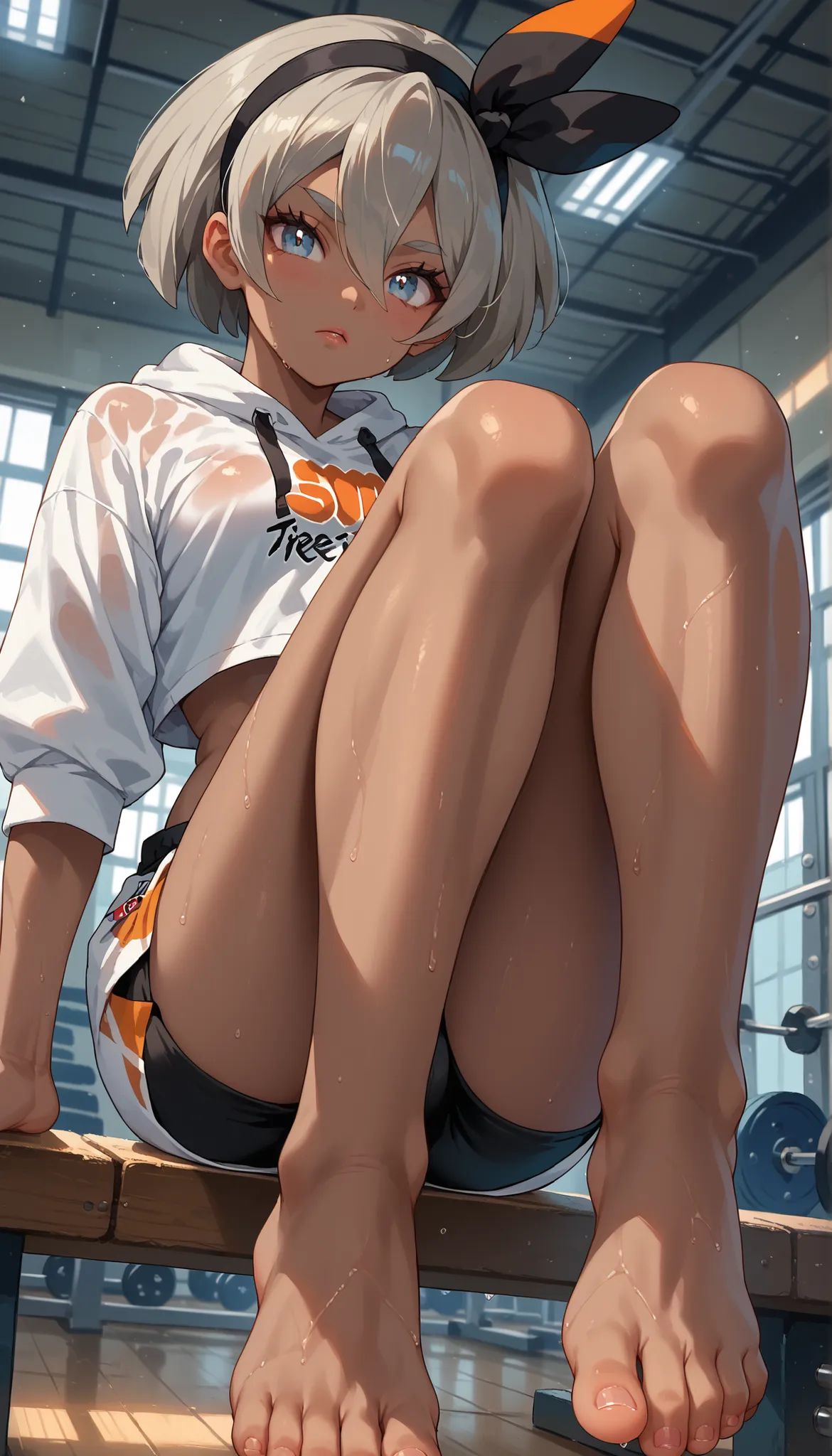 , 1girl, solo, pokemonbea, blue eyes, wide anime eyes, dark skin, dark-skinned female, grey hair, hair between eyes, short hair, ribbon, hair ribbon, hairband, black ribbon, athletic build, small sized breasts, perky breasts, long toned legs, barefoot, wea...