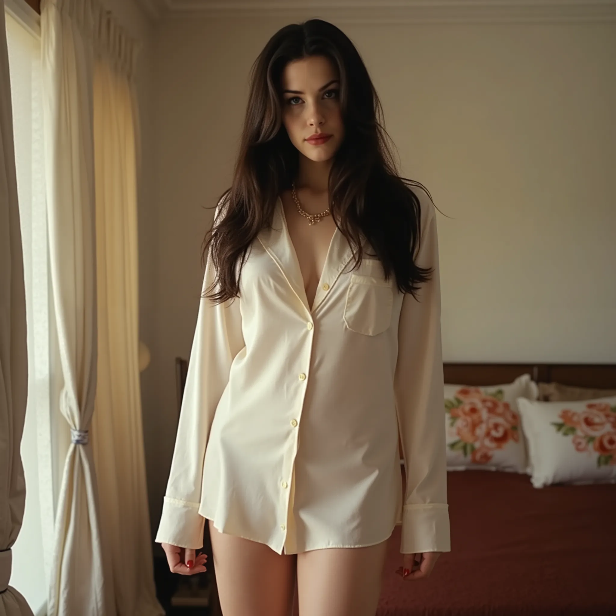 A professional photo of young Liv Tyler, professional lighting. She has light cream-colored silk pajamas on. She is standing in a well lit bedroom. It's morning. Her long dark hair is messy. (small breast), (wide curvy hips), (thick juicy thighs), (no-bra)...