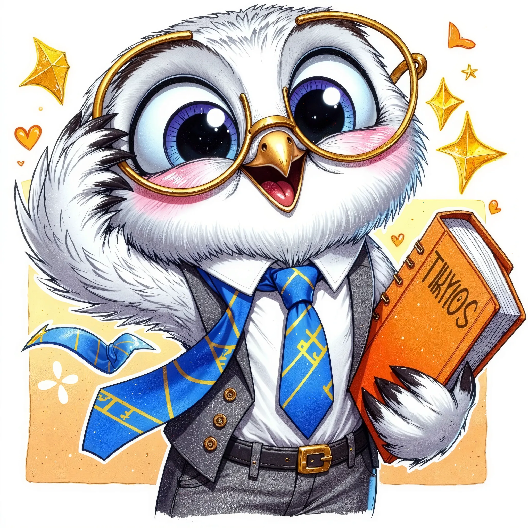 (extremally detailed hi-rez: 1.5) a quirky crazy happy expressive emotions by pixarand Zootopia,glossing vibrant vivid, color-metallicgoldlines-inkblacklines, watercolor with clear contours, single very cute flirtous 15years Hedwig white polar owlteenager ...