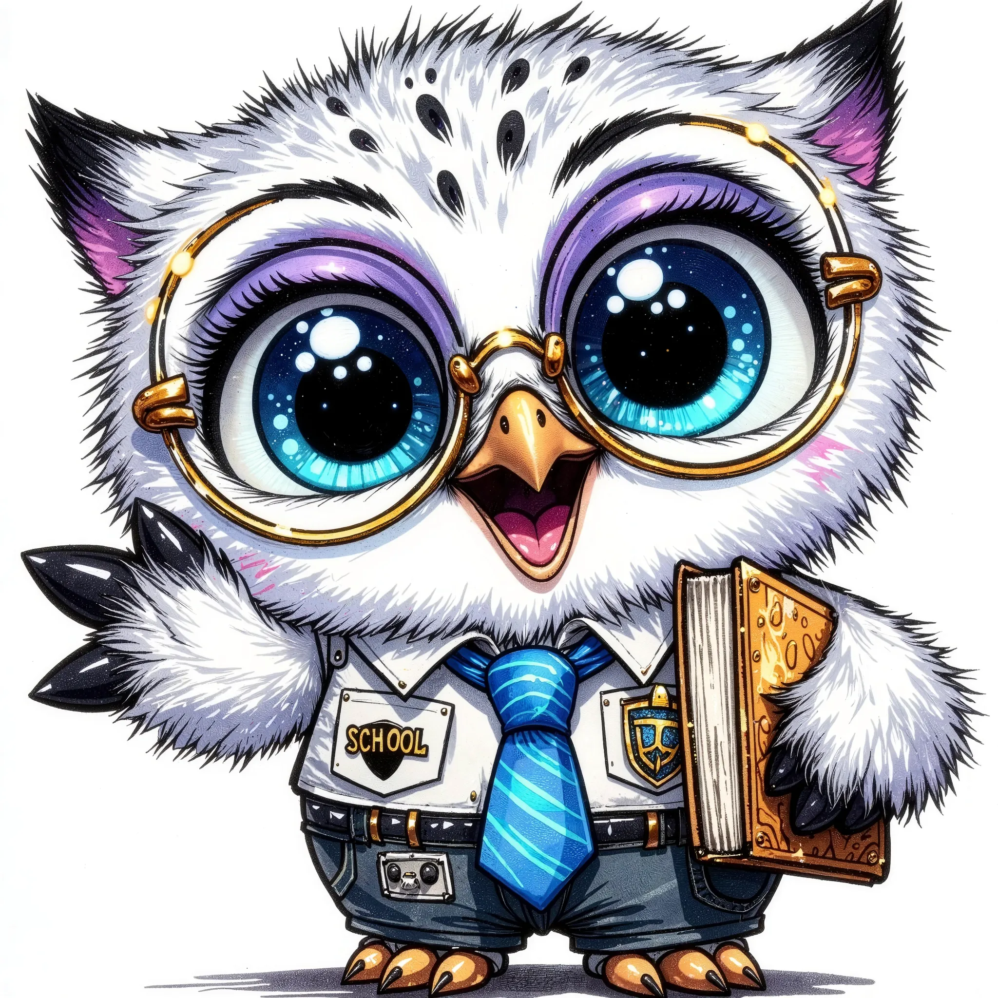 (extremally detailed hi-rez: 1.5) a quirky crazy happy expressive emotions by pixarand Zootopia,glossing vibrant vivid, color-metallicgoldlines-inkblacklines, watercolor with clear contours, single very cute flirtous 15years Hedwig white polar owlteenager ...