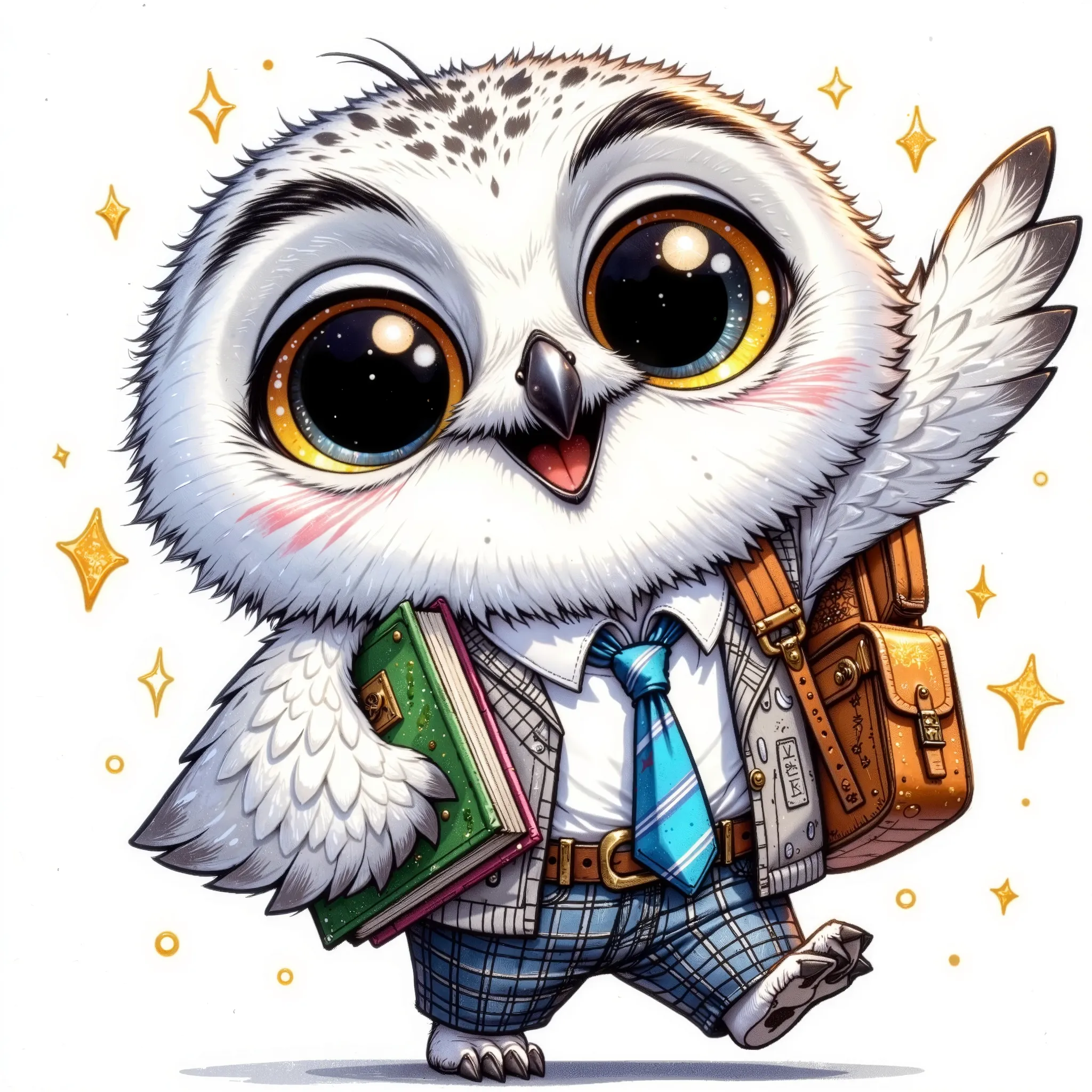 (extremally detailed hi-rez: 1.5) a quirky crazy happy expressive emotions by pixarand Zootopia,glossing vibrant vivid, color-metallicgoldlines-inkblacklines, watercolor with clear contours, single very cute flirtous 15years Hedwig white polar owlteenager ...