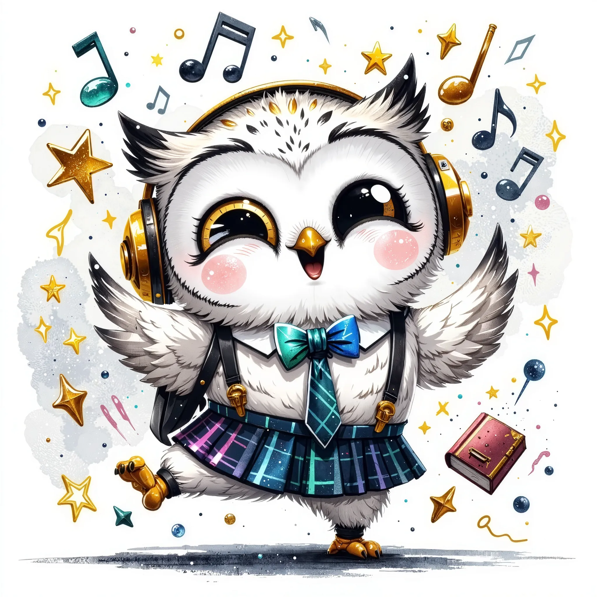 (extremally detailed hi-rez: 1.5) a quirky crazy happy expressive emotions by pixarand Zootopia,glossing vibrant vivid, color-metallicgoldlines-inkblacklines, watercolor with clear contours, single very cute flirtous 15years Hedwig white polar owlteenager ...