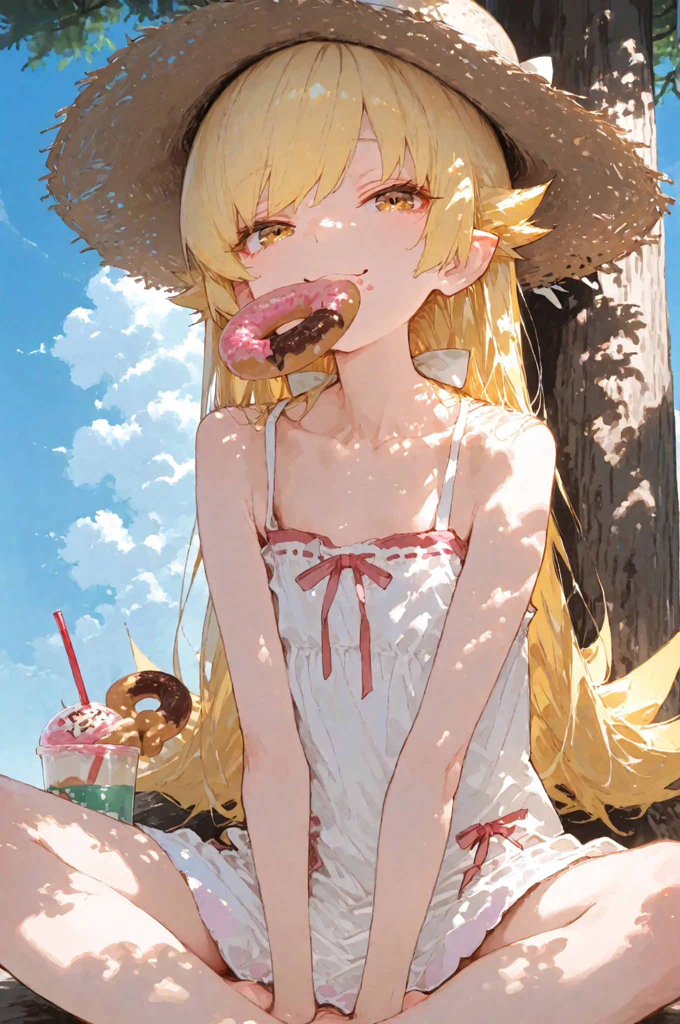 masterpiece, top quality, great quality, 1girl, solo, Tolerate野_Tolerate, blonde hair, long hair, big eyes, golden eyes, color bone, under the shade of a tree, wide-brimmed straw hat, eat a doughnut, white camisole dress, happy, innocent smile you'll love,...