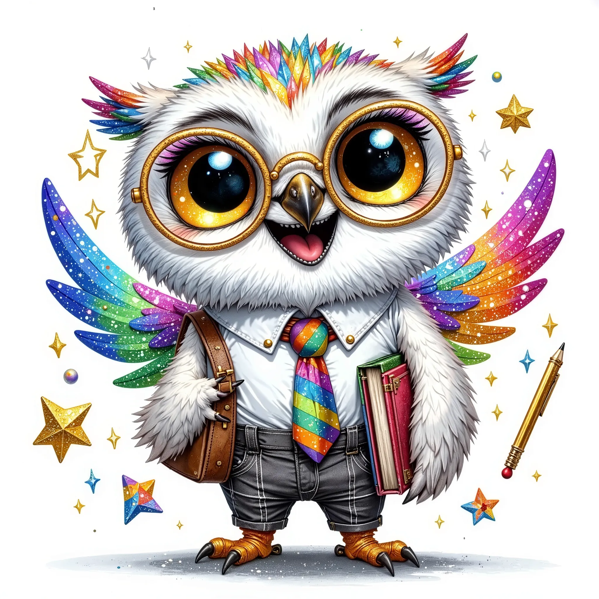 (extremally detailed hi-rez: 1.5) a quirky crazy happy expressive emotions by pixarand Zootopia,glossing vibrant vivid, color-metallicgoldlines-inkblacklines, watercolor with clear contours, single very cute flirtous 15years Hedwig white polar owlteenager ...