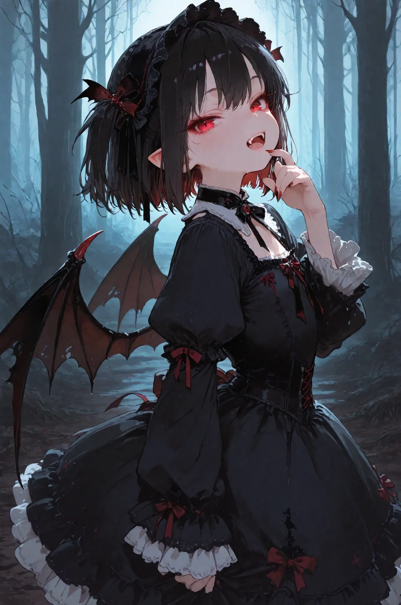 little anime girl in a pink and white dress , Sweaty Outfit, vampire fangs, Dark Wings , in the Dark Forest