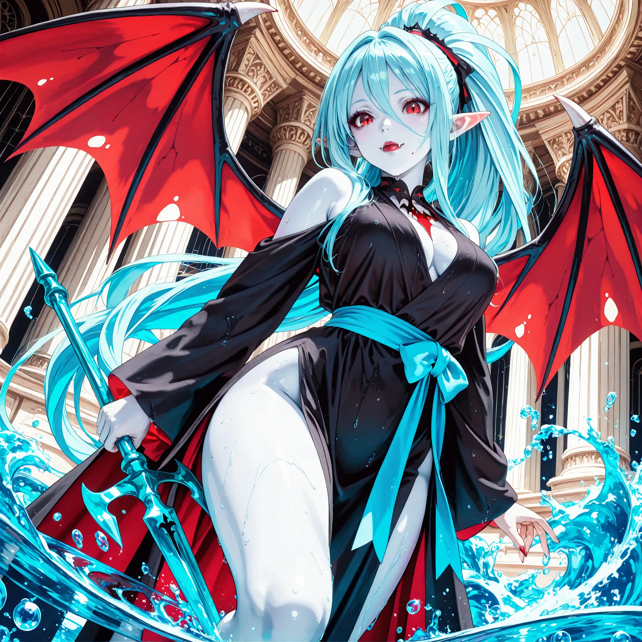 Very High resolution,cute anime-style,masterpiece,best quality,amazing quality,hyper-detailed,very aesthetic,closeup shot,dutch angle,A water palace,A lot of water running down the wall,A female vampire wielding a trident,Light blue trident,Mature,Curvy,(l...