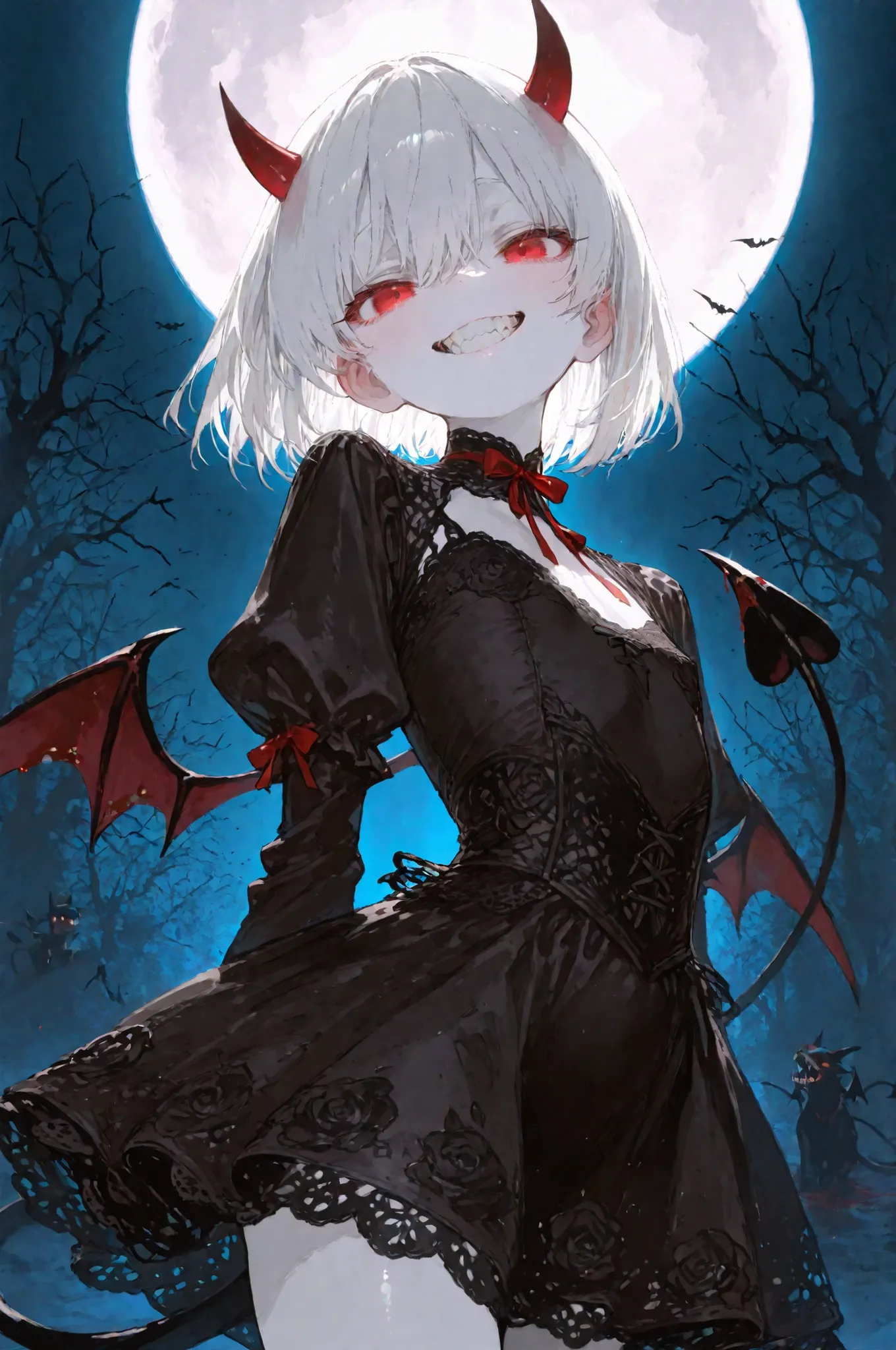 masterpiece、top quality、best image quality、little girl、big red eyes、gray hair、open eyes、jagged teeth、white skin、Devil's Smile、small horn、Devil's Wings、devil's tail、black lace thin dress、 full moon、Bats、Blood、 dead tree、Dramatic light、backlight、 dark