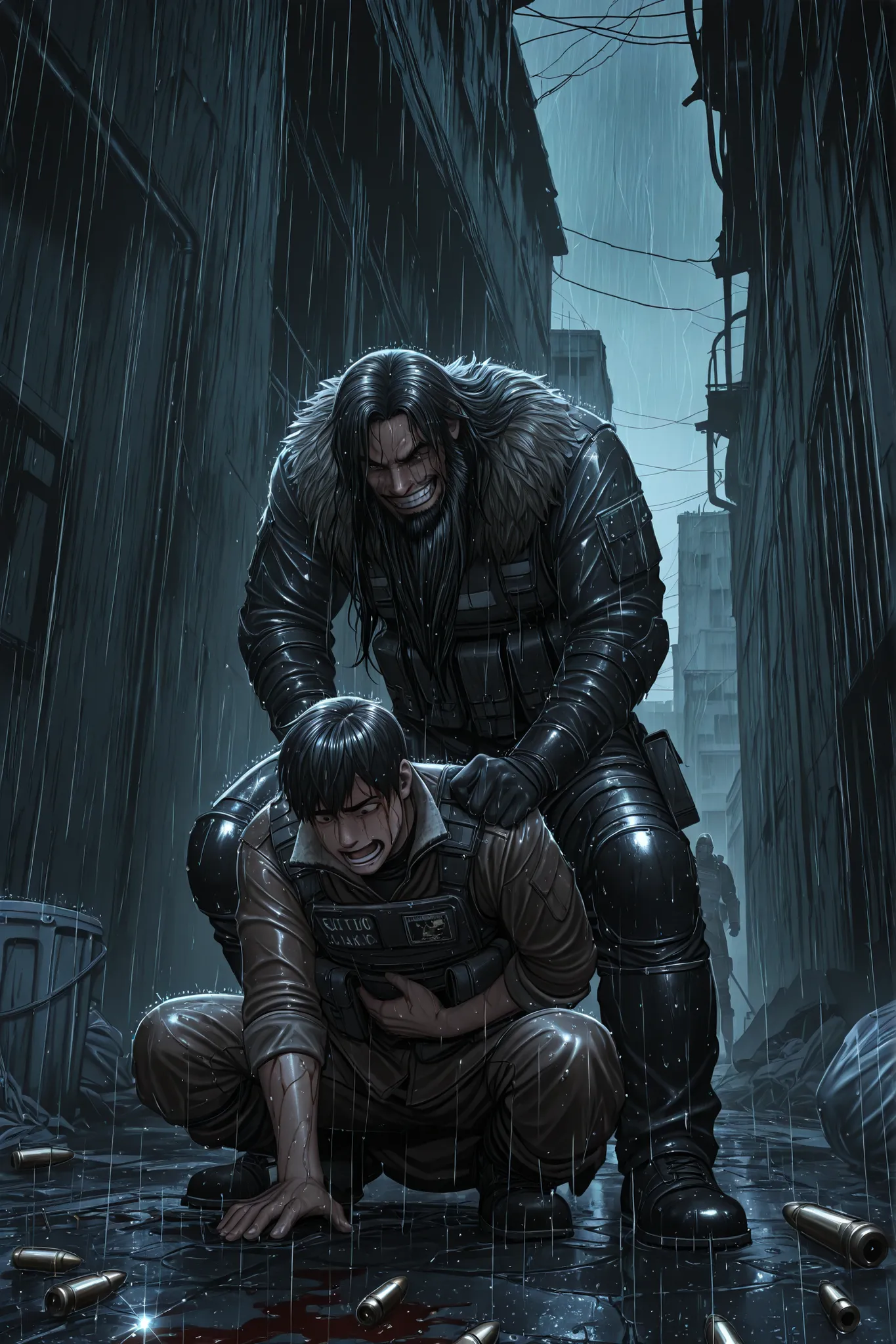 Gritty cinematic wartime scene in a rain-soaked alley of a ruined city. Two soldiers crouch behind a scorched, rusted dumpster during a chaotic nighttime shootout. The older soldier has a rugged Viking-like appearance—messy beard, long hair, a strong jawli...