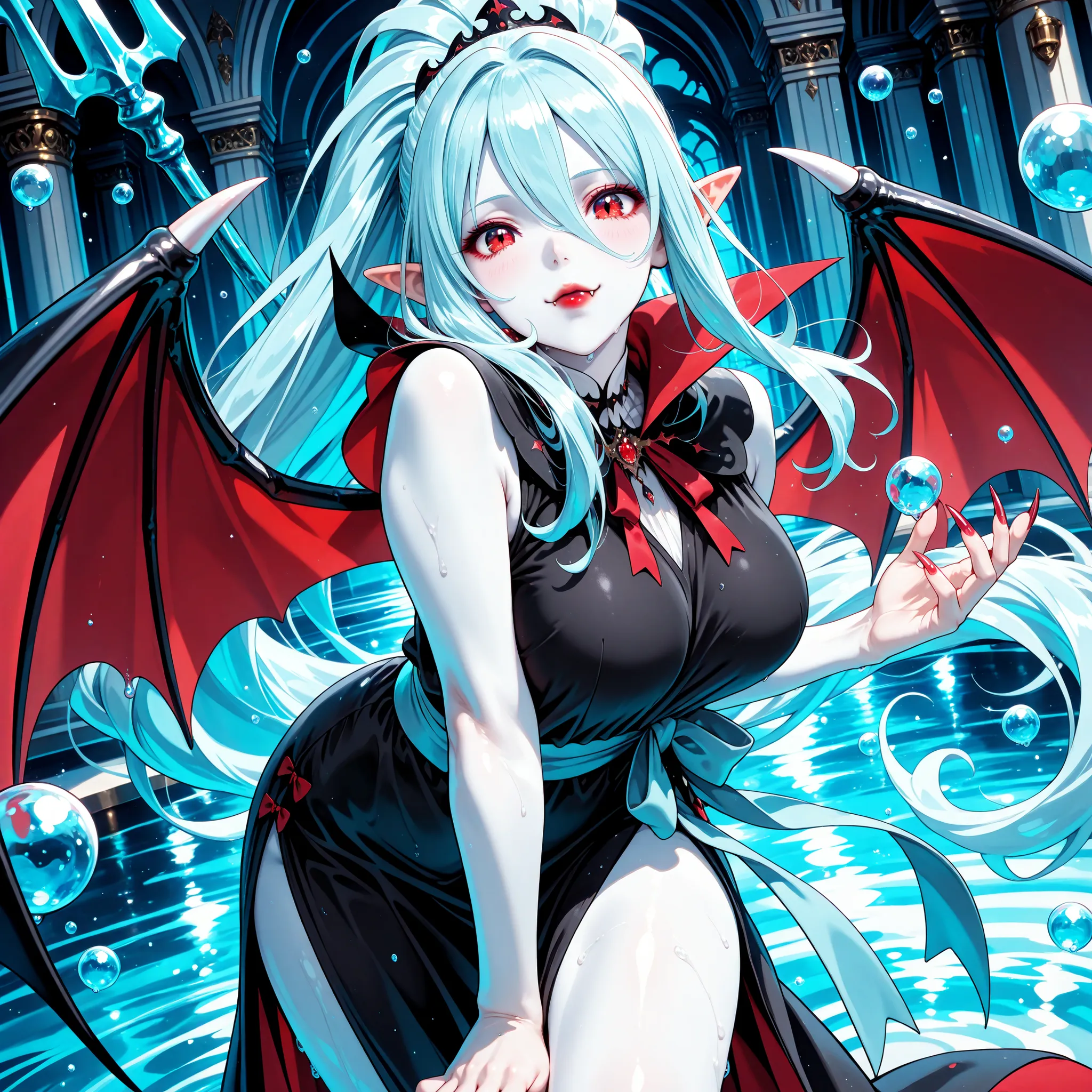 Very High resolution,cute anime-style,masterpiece,best quality,amazing quality,hyper-detailed,very aesthetic,closeup shot,A water palace,A lot of water running down the wall,A female vampire wielding a trident,Light blue trident,Mature,Curvy,(levitating ma...