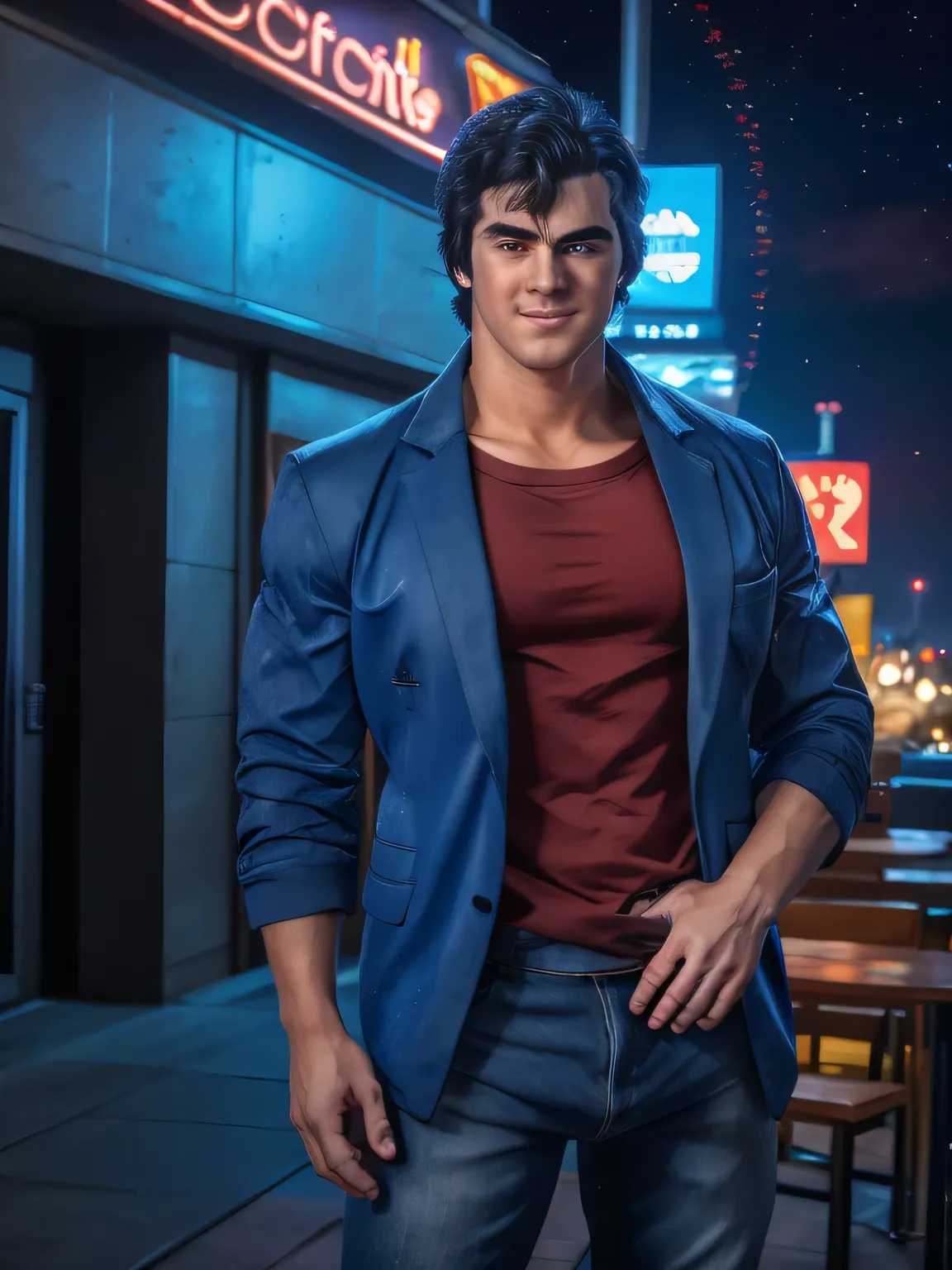 (saeba ryo city hunter ) blue suit jacket Red t-shirt, jeans, lewd smile, standing in front of a coffee shop. depth of written boundary, awesome solo, Realistic texture, Realistic Skin, Whole body, Highly detailed CG, Super detailed, extremely detailed ha...
