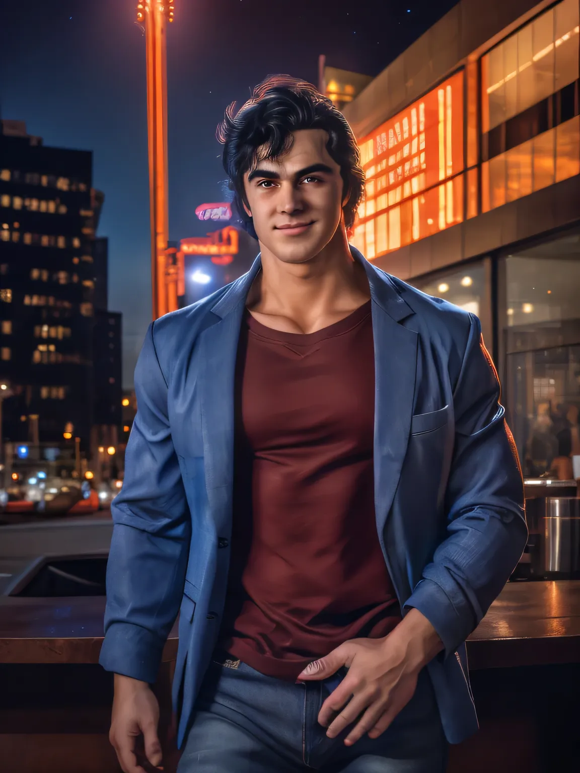 (saeba ryo city hunter ) blue suit jacket Red t-shirt, jeans, lewd smile, standing in front of a coffee shop. depth of written boundary, awesome solo, Realistic texture, Realistic Skin, Whole body, Highly detailed CG, Super detailed, extremely detailed ha...