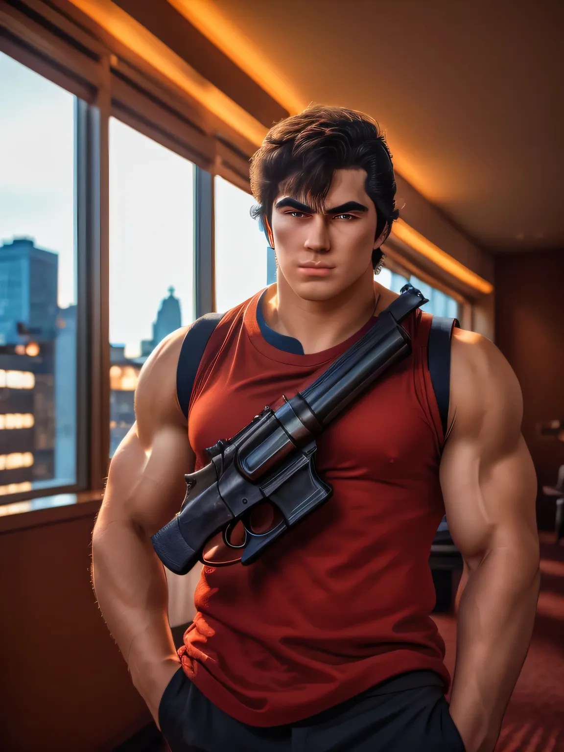 1boy, saeba ryou, city hunter,
red shirts, sleeveless, looking at viewer, v-shaped eyebrows,
standing, holding revolver gun, hand in pocket,
indoors, luxury hotel, windows, city, cowboy shot,
general, masterpiece, best quality, perfect lighting, very ...