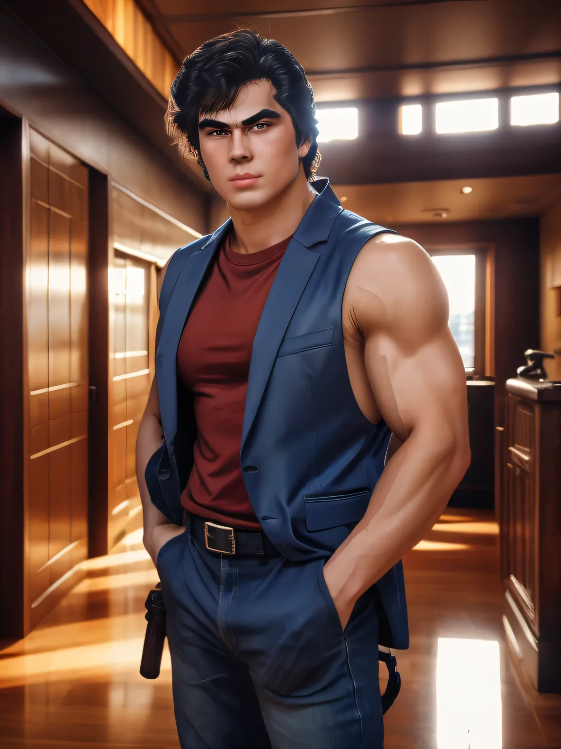 1boy, saeba ryou, city hunter,
red shirts, sleeveless, looking at viewer, v-shaped eyebrows,
standing, holding revolver gun, hand in pocket,
indoors, luxury hotel, windows, city, cowboy shot,
general, masterpiece, best quality, perfect lighting, very ...