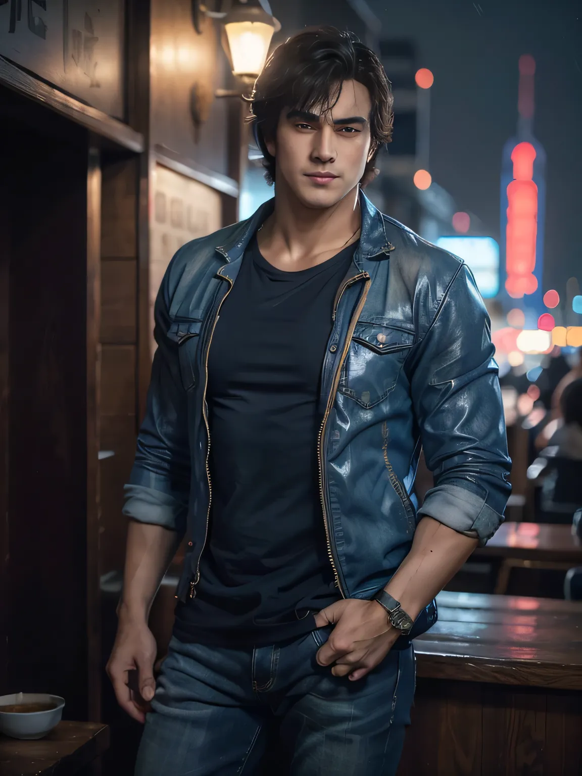 (saeba ryo city hunter ) blue suit jacket Red t-shirt, jeans, lewd smile, standing in front of a coffee shop. depth of written boundary, awesome solo, Realistic texture, Realistic Skin, Whole body, Highly detailed CG, Super detailed, extremely detailed ha...