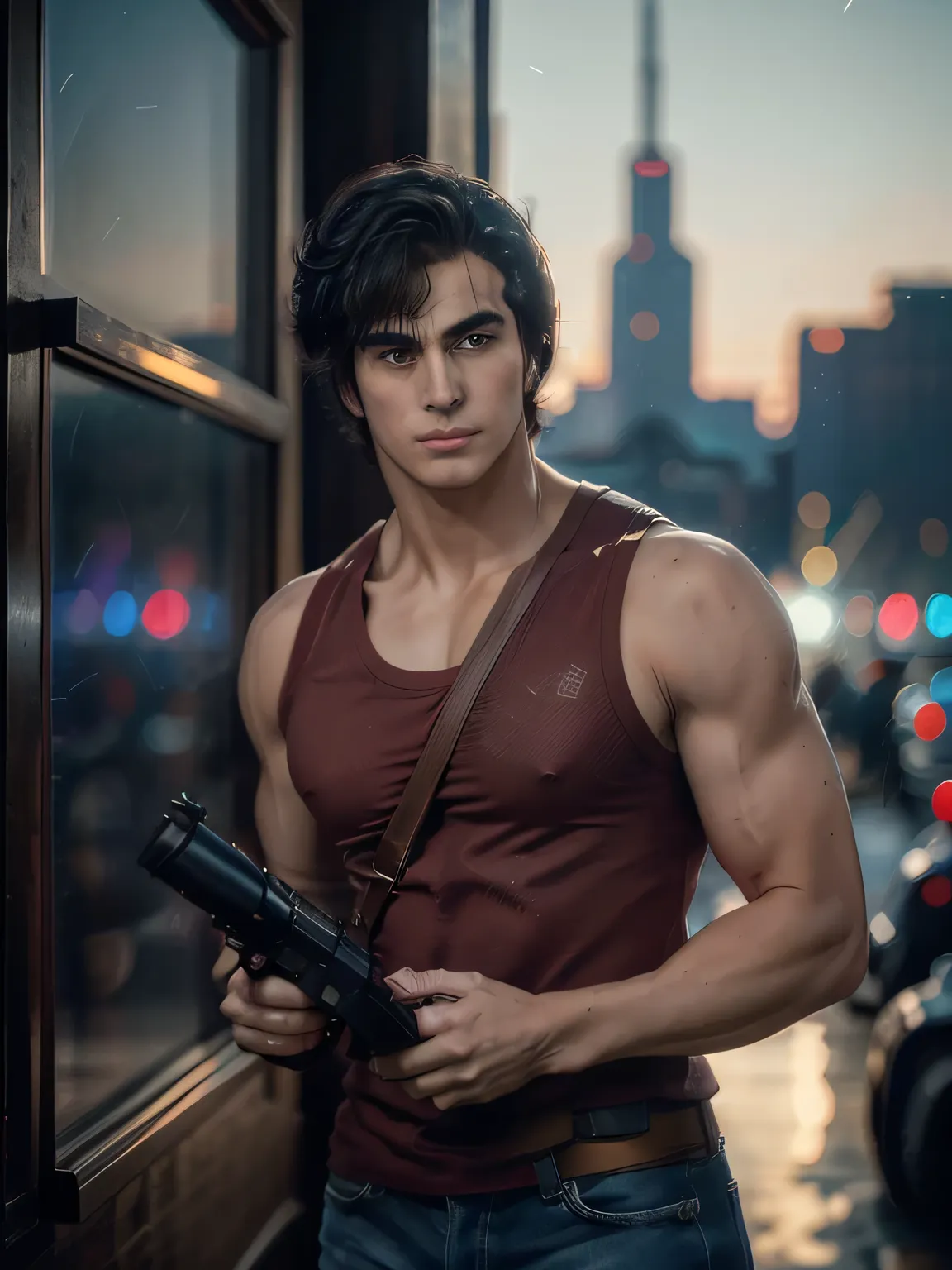 1boy, saeba ryou, city hunter, red shirts, sleeveless, looking at viewer, v-shaped eyebrows, standing, holding revolver gun, hand in pocket, indoors, luxury hotel, windows, city, cowboy shot, general, masterpiece, best quality, perfect lighting, very aesth...