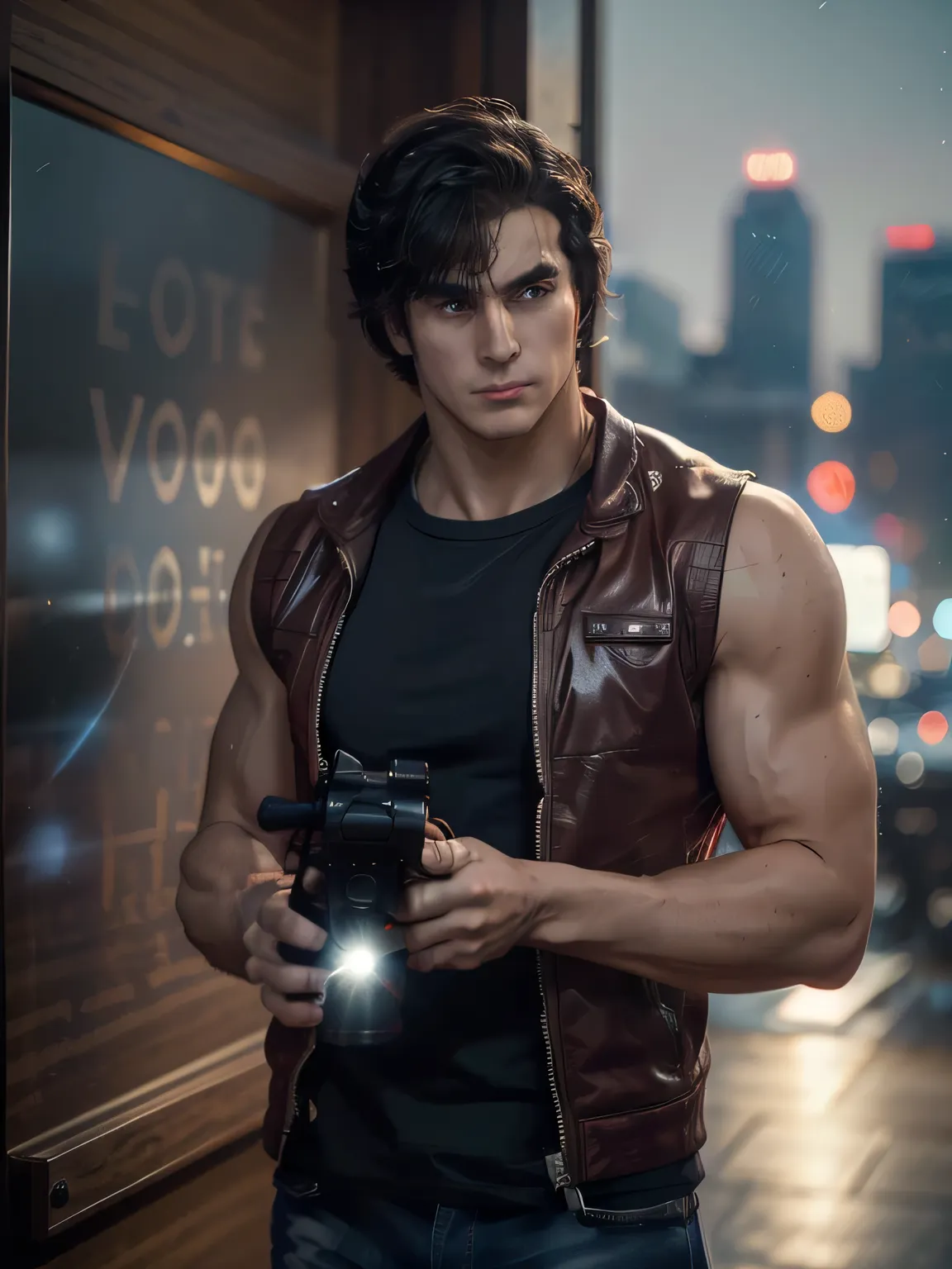 1boy, saeba ryou, city hunter, red shirts, sleeveless, looking at viewer, v-shaped eyebrows, standing, holding revolver gun, hand in pocket, indoors, luxury hotel, windows, city, cowboy shot, general, masterpiece, best quality, perfect lighting, very aesth...