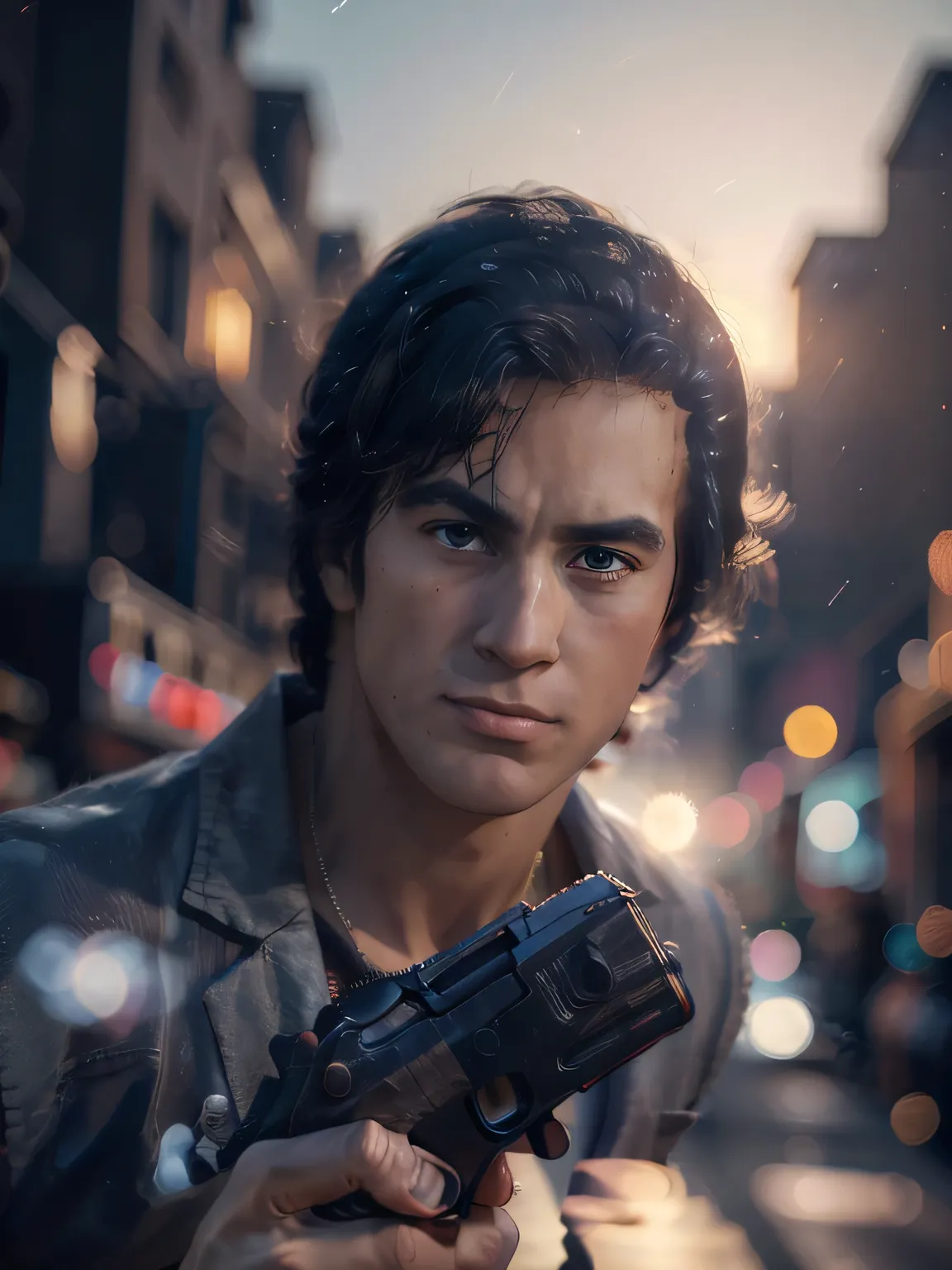 1boy, saeba ryou, city hunter, red shirts, sleeveless, looking at viewer, v-shaped eyebrows, standing, holding revolver gun, hand in pocket, indoors, luxury hotel, windows, city, cowboy shot, general, masterpiece, best quality, perfect lighting, very aesth...