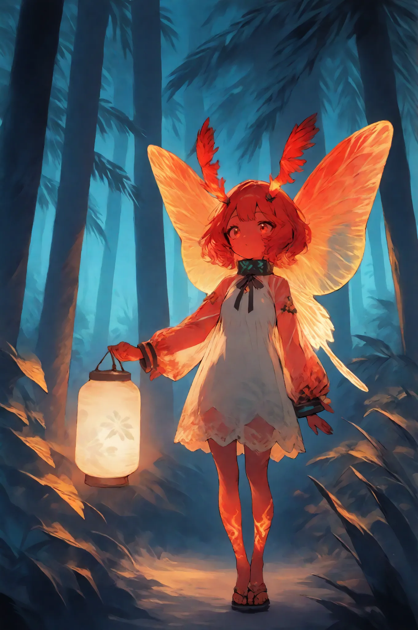 masterpiece, best quality, amazing quality, very aesthetic, a red spirit-moth, translucent glowing, fantasy theme, full body fan art, amazing tropical forest background, depth of field