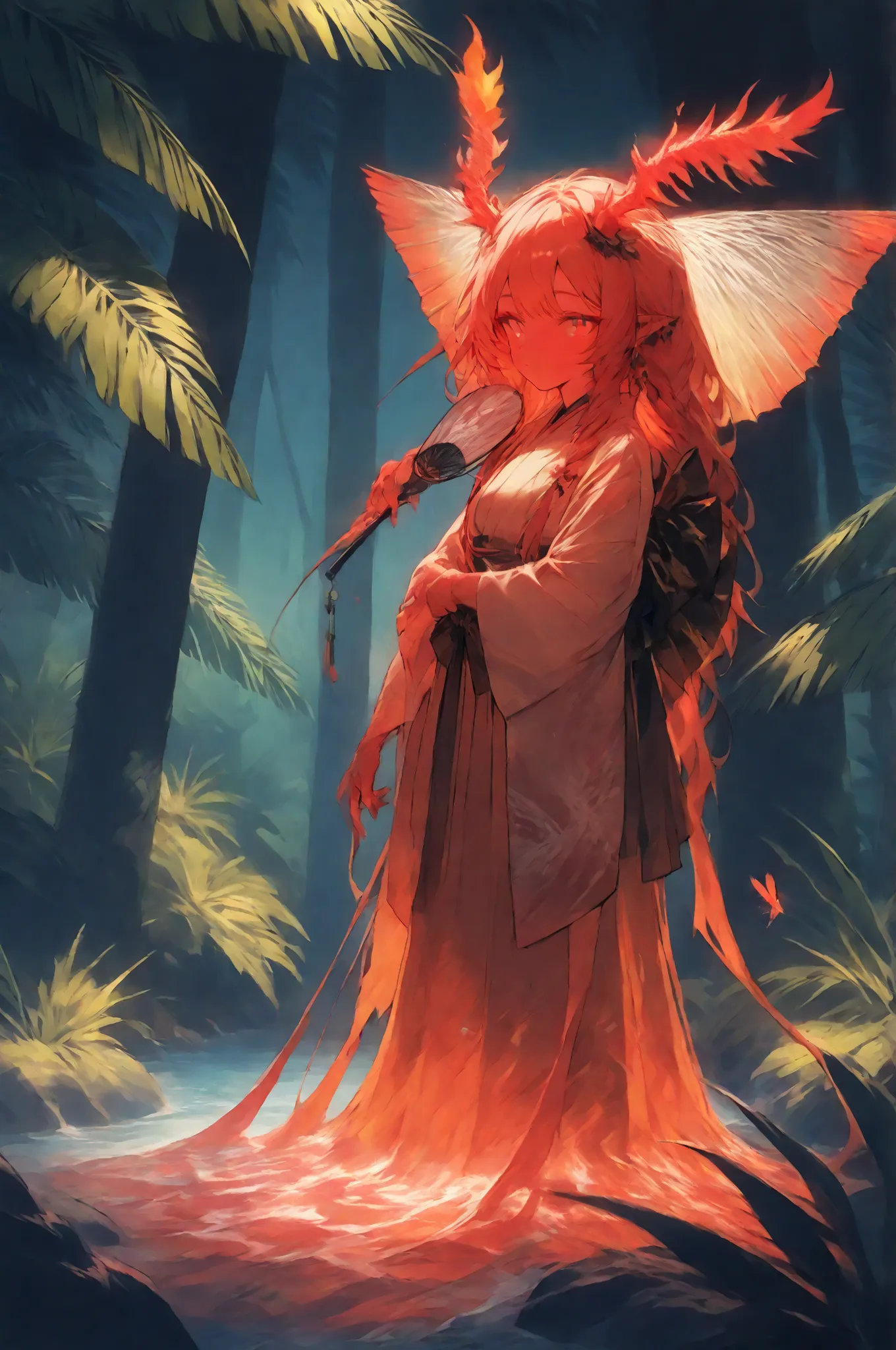 masterpiece, best quality, amazing quality, very aesthetic, a red spirit-moth, translucent glowing, fantasy theme, full body fan art, amazing tropical forest background, depth of field