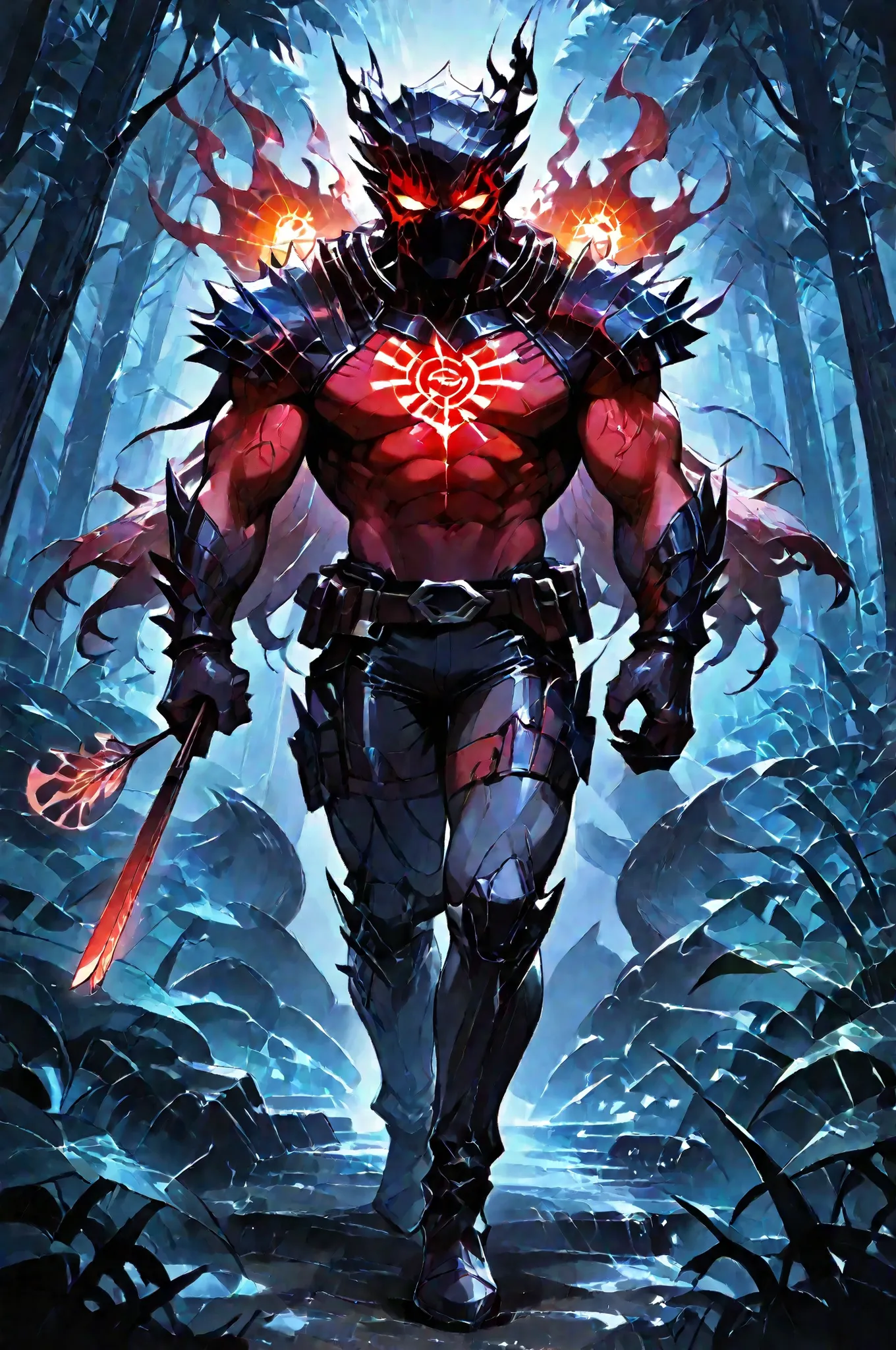 masterpiece, best quality, amazing quality, very aesthetic, a red spirit-moth, translucent glowing, fantasy theme, full body fan art, amazing tropical forest background, depth of field