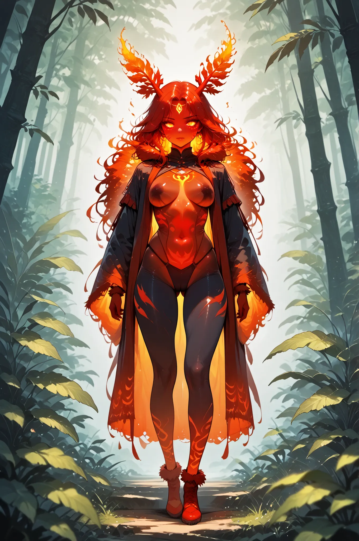 masterpiece, best quality, amazing quality, very aesthetic, a red spirit-moth, translucent glowing, fantasy theme, full body fan art, amazing tropical forest background, depth of field