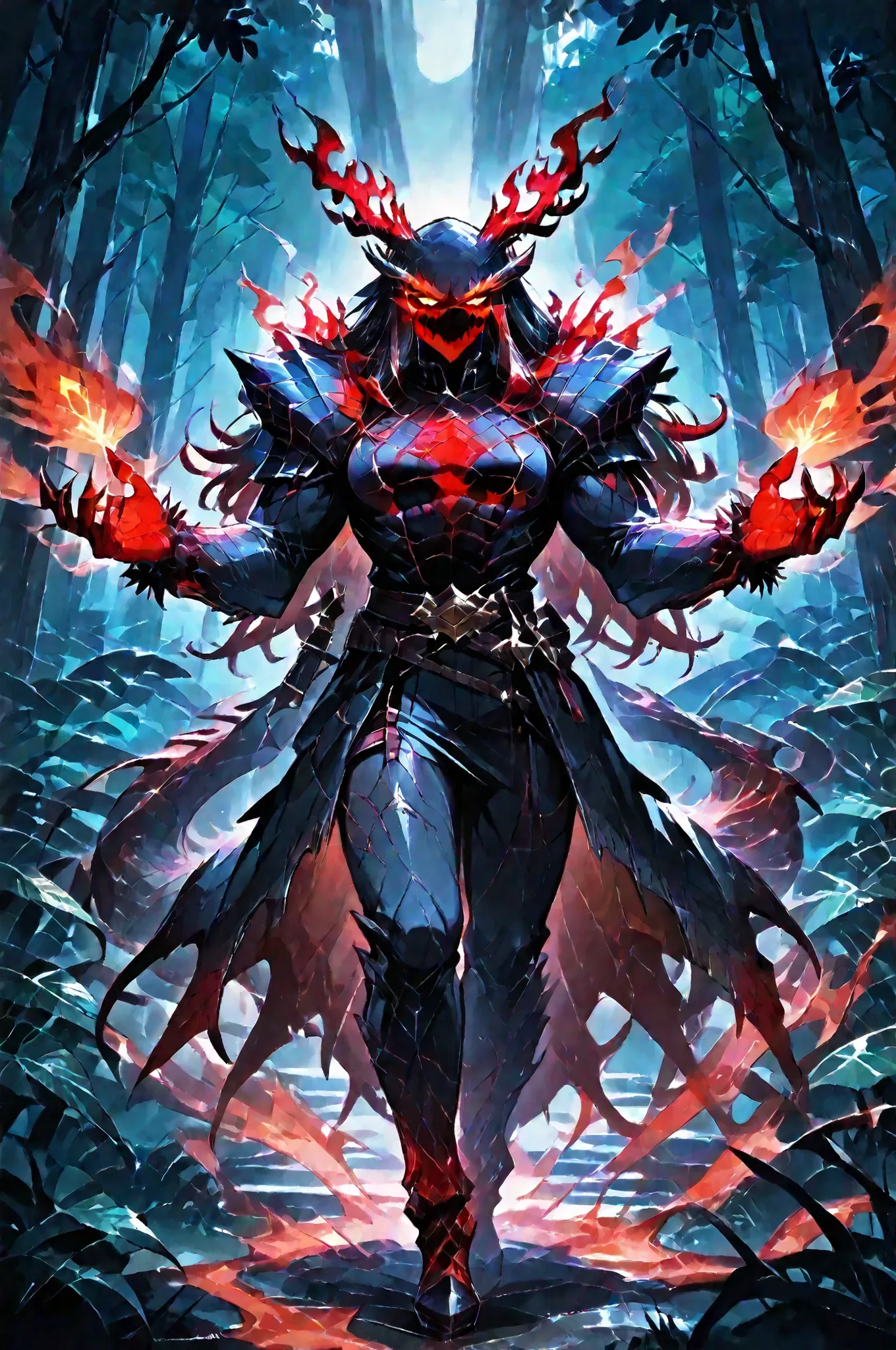 masterpiece, best quality, amazing quality, very aesthetic, a red spirit-moth, translucent glowing, fantasy theme, full body fan art, amazing tropical forest background, depth of field