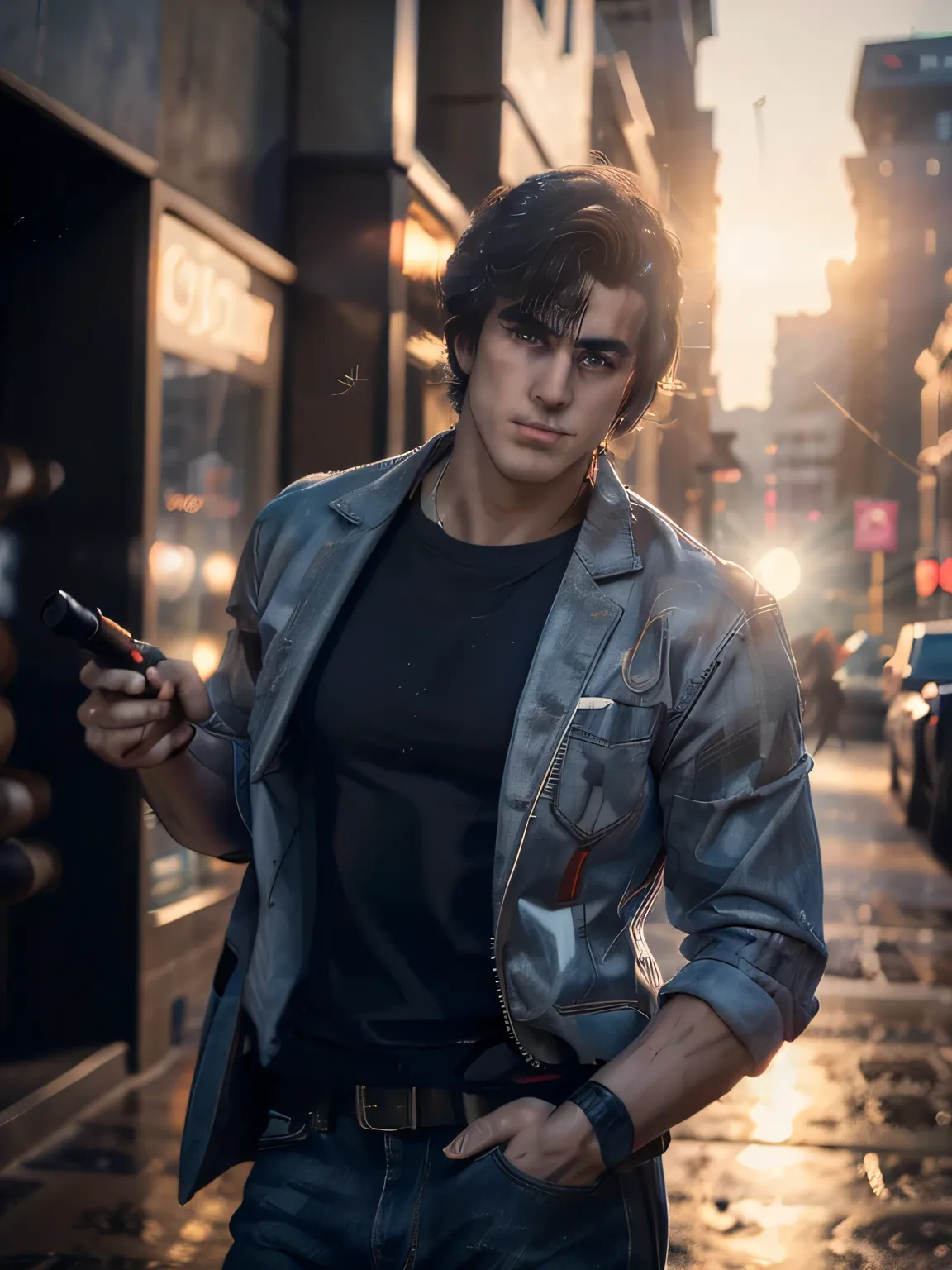 1boy, saeba ryou, city hunter, red shirts, sleeveless, looking at viewer, v-shaped eyebrows, standing, holding revolver gun, hand in pocket, indoors, luxury hotel, windows, city, cowboy shot, general, masterpiece, best quality, perfect lighting, very aesth...