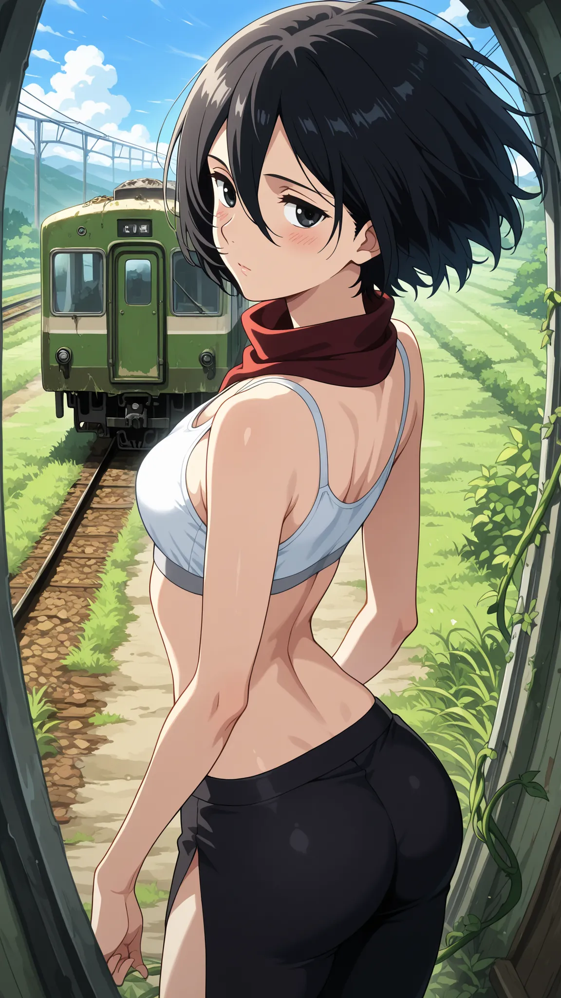 BREAK (masterpiece:1.2), best quality, high resolution, unity 8k wallpaper, (illustration:0.8), Abandoned rural train station,  
overgrown with grass and vines,  
old train car resting silently,  
blue sky with soft clouds above,  
anime background style, ...