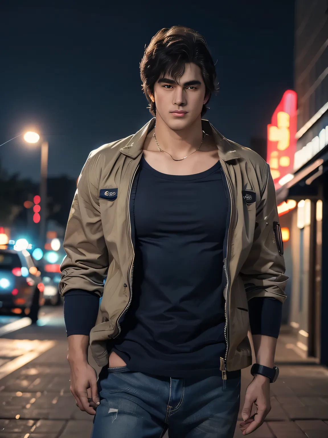 (saeba ryo city hunter ) blue suit jacket Red t-shirt, jeans, lewd smile, standing in front of a coffee shop. depth of written boundary, awesome solo, Realistic texture, Realistic Skin, Whole body, Highly detailed CG, Super detailed, extremely detailed ha...