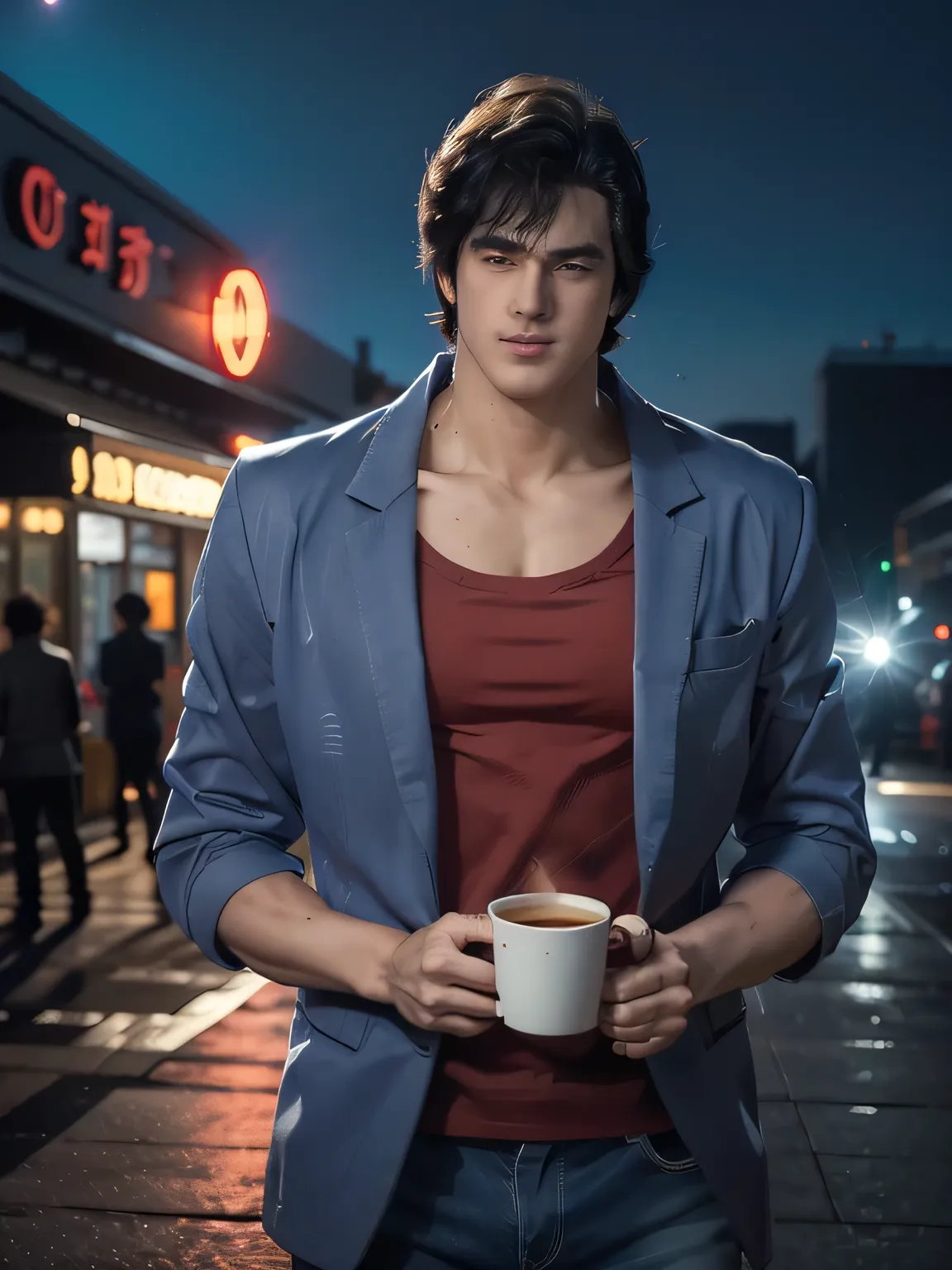 (saeba ryo city hunter ) blue suit jacket Red t-shirt, jeans, lewd smile, standing in front of a coffee shop. depth of written boundary, awesome solo, Realistic texture, Realistic Skin, Whole body, Highly detailed CG, Super detailed, extremely detailed ha...