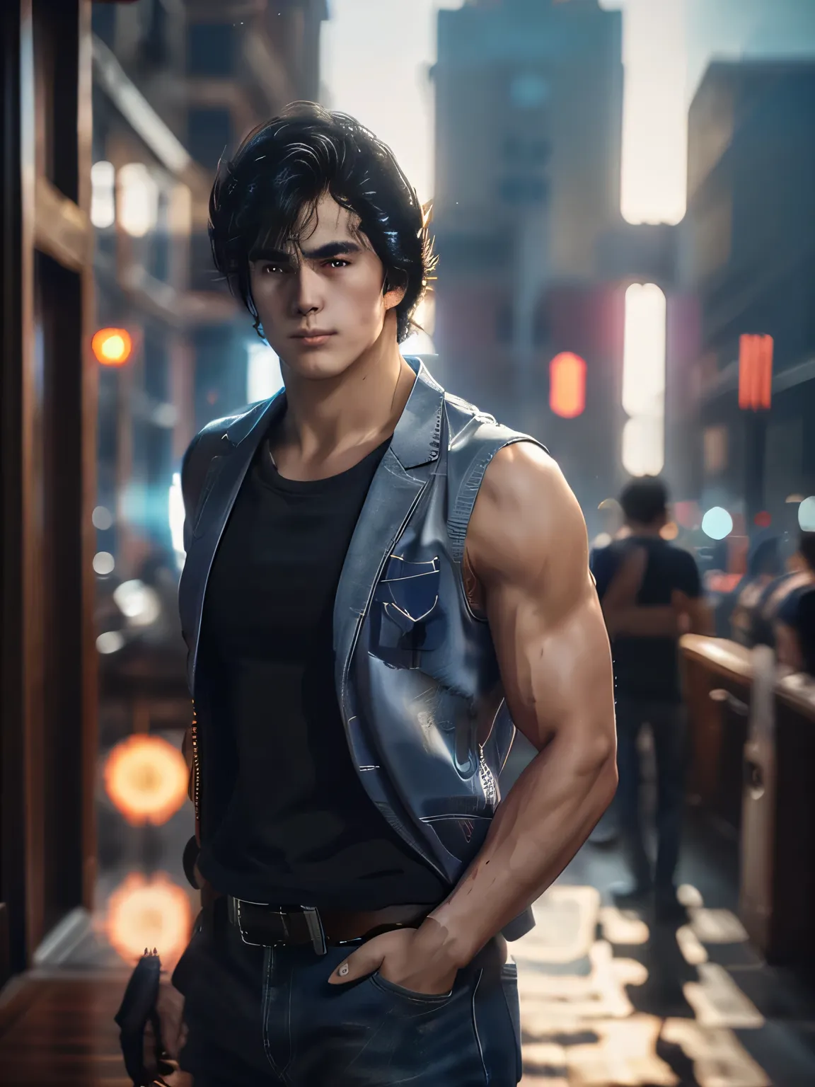1boy, saeba ryou, city hunter, red shirts, sleeveless, looking at viewer, v-shaped eyebrows, standing, holding revolver gun, hand in pocket, indoors, luxury hotel, windows, city, cowboy shot, general, masterpiece, best quality, perfect lighting, very aesth...