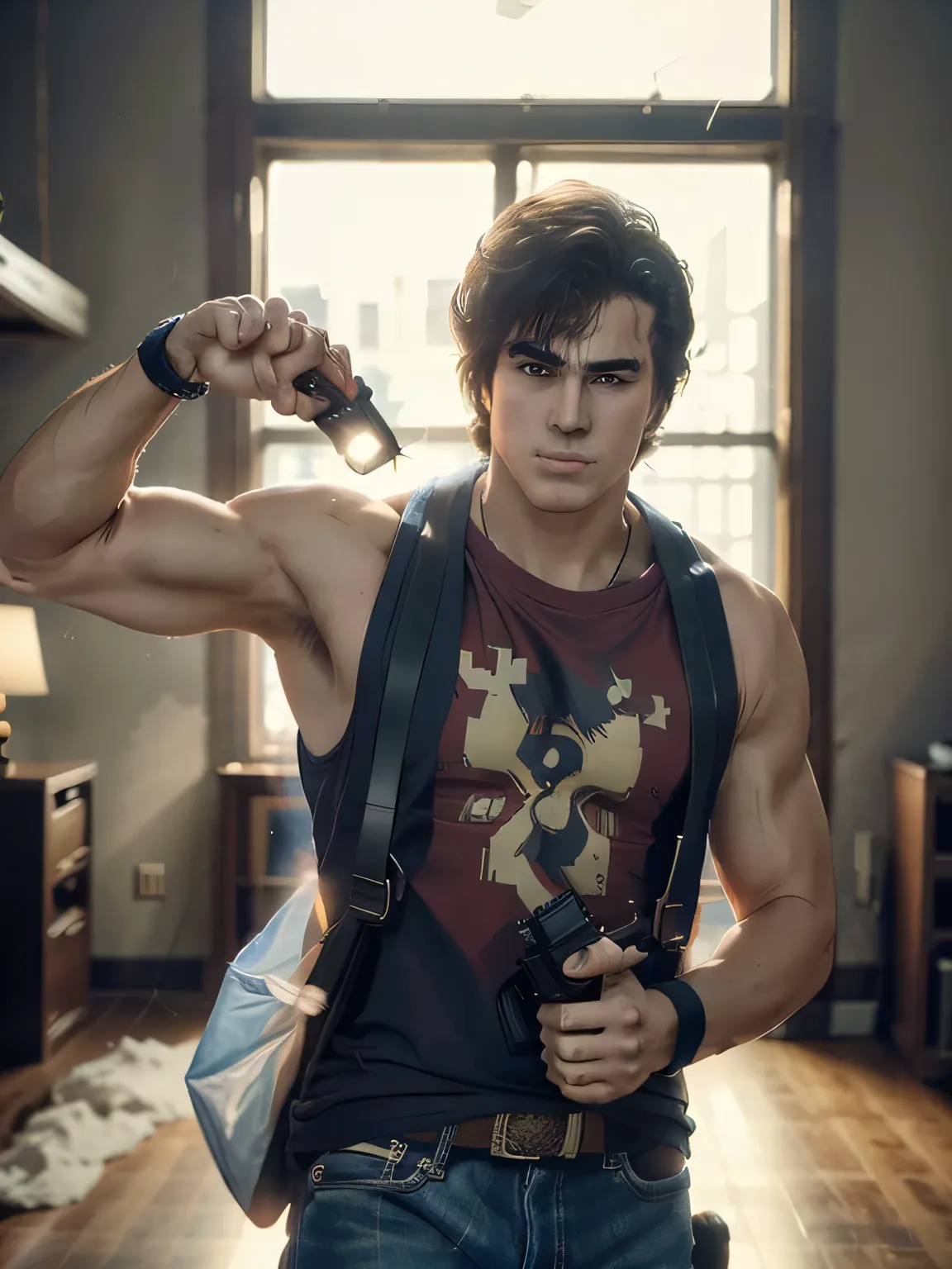 1boy, saeba ryou, city hunter,
red shirts, sleeveless, looking at viewer, v-shaped eyebrows,
standing, holding revolver gun, hand in pocket,
indoors, luxury hotel, windows, city, cowboy shot,
general, masterpiece, best quality, perfect lighting, very ...