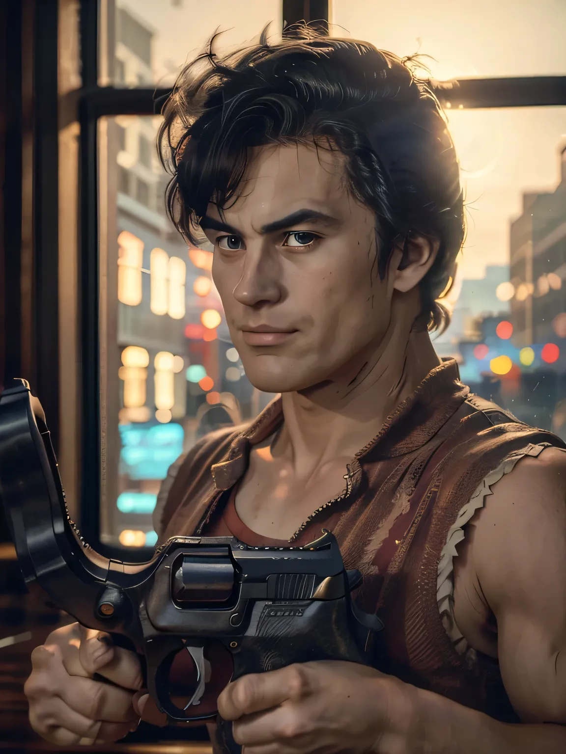 1boy, saeba ryou, city hunter,
red shirts, sleeveless, looking at viewer, v-shaped eyebrows,
standing, holding revolver gun, hand in pocket,
indoors, luxury hotel, windows, city, cowboy shot,
general, masterpiece, best quality, perfect lighting, very ...