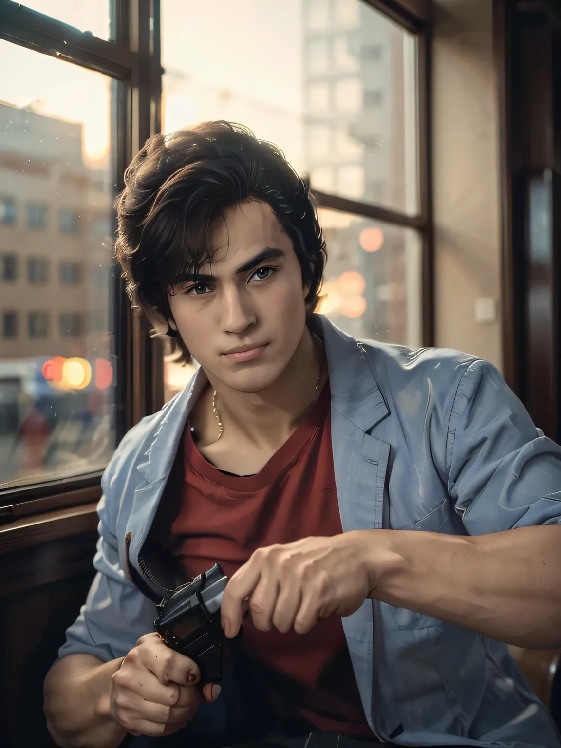 1boy, saeba ryou, city hunter, Japanes man, Handsome face,
red shirts, sleeveless, looking at viewer, v-shaped eyebrows,
standing, holding revolver gun, hand in pocket,
indoors, luxury hotel, windows, city, cowboy shot,
general, masterpiece, best qual...