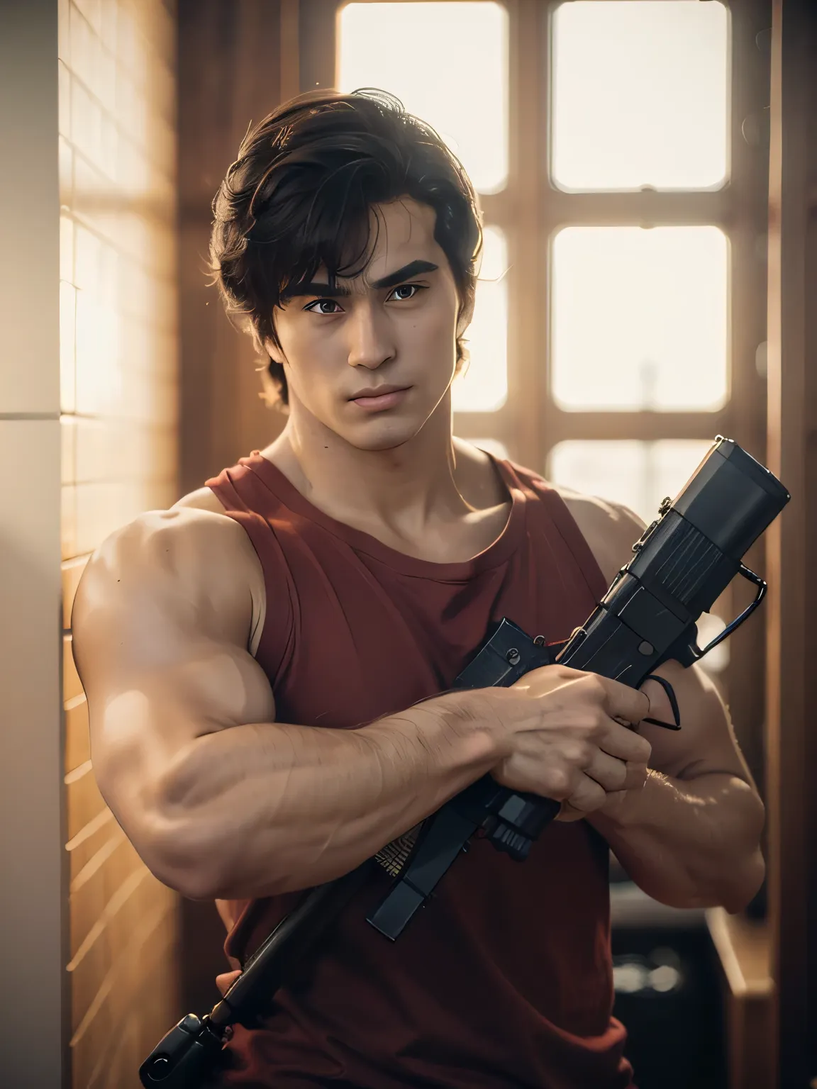 1boy, saeba ryou, city hunter, Japanes man, Handsome face,
red shirts, sleeveless, looking at viewer, v-shaped eyebrows,
standing, holding revolver gun, hand in pocket,
indoors, luxury hotel, windows, city, cowboy shot,
general, masterpiece, best qual...