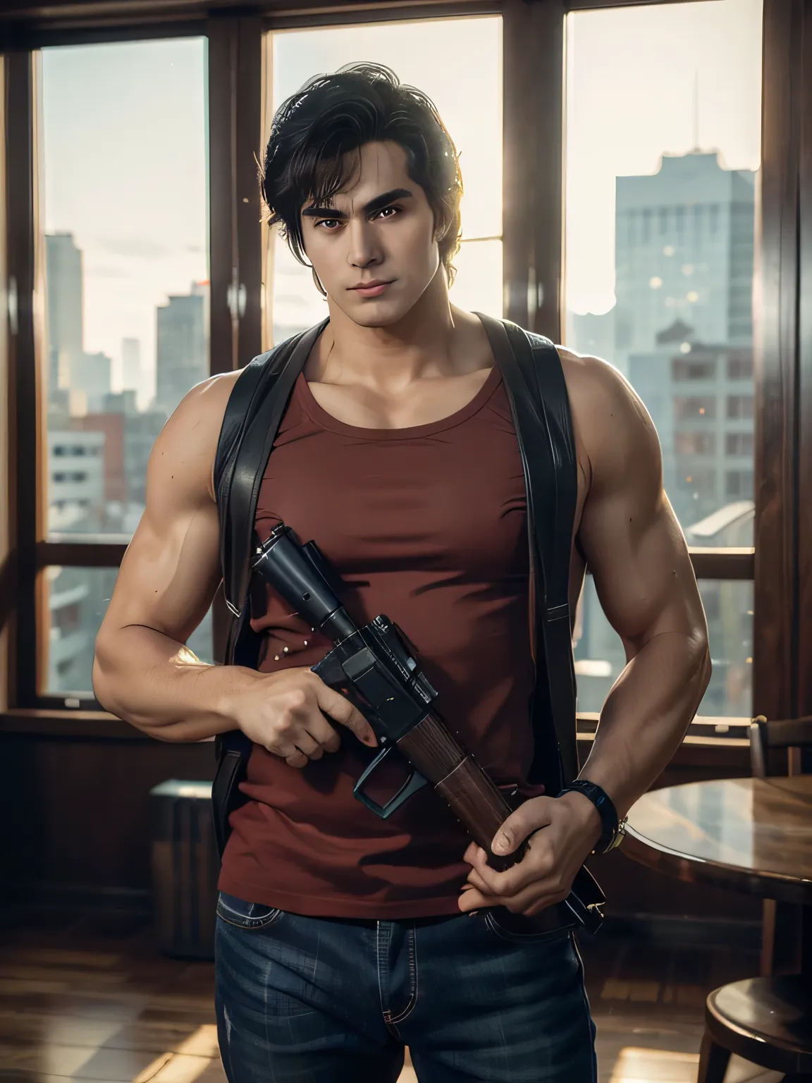 1boy, saeba ryou, city hunter, Japanes man, Handsome face,
red shirts, sleeveless, looking at viewer, v-shaped eyebrows,
standing, holding revolver gun, hand in pocket,
indoors, luxury hotel, windows, city, cowboy shot,
general, masterpiece, best qual...