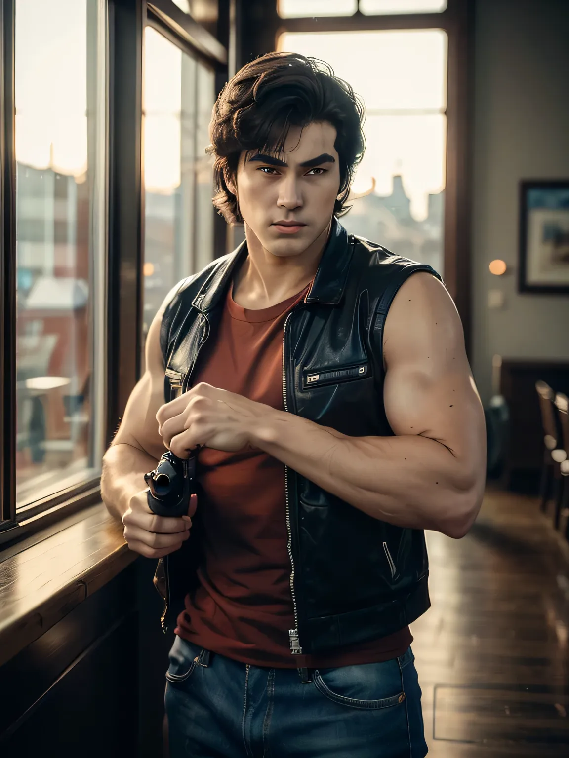 1boy, saeba ryou, city hunter, Japanes man, Handsome face,
red shirts, sleeveless, looking at viewer, v-shaped eyebrows,
standing, holding revolver gun, hand in pocket,
indoors, luxury hotel, windows, city, cowboy shot,
general, masterpiece, best qual...